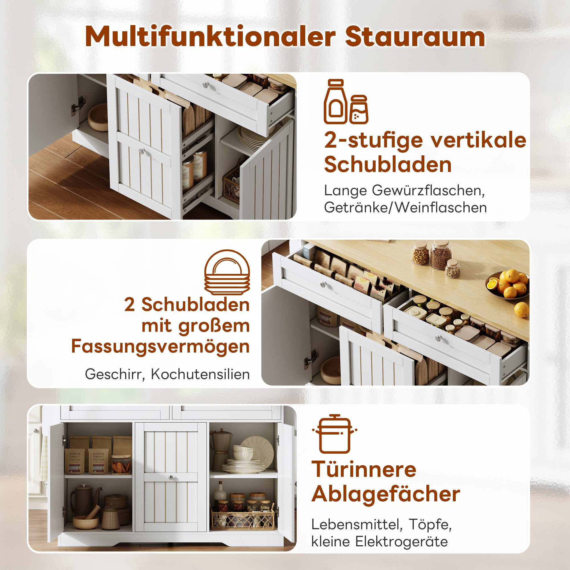 i@home Kücheninsel Mobile Küchenwagen, (Schubladen klappbar Vertikalschubladen Gewürzregal), mit Rollen Arbeitsplatte freistehend, Esszimmer Küche