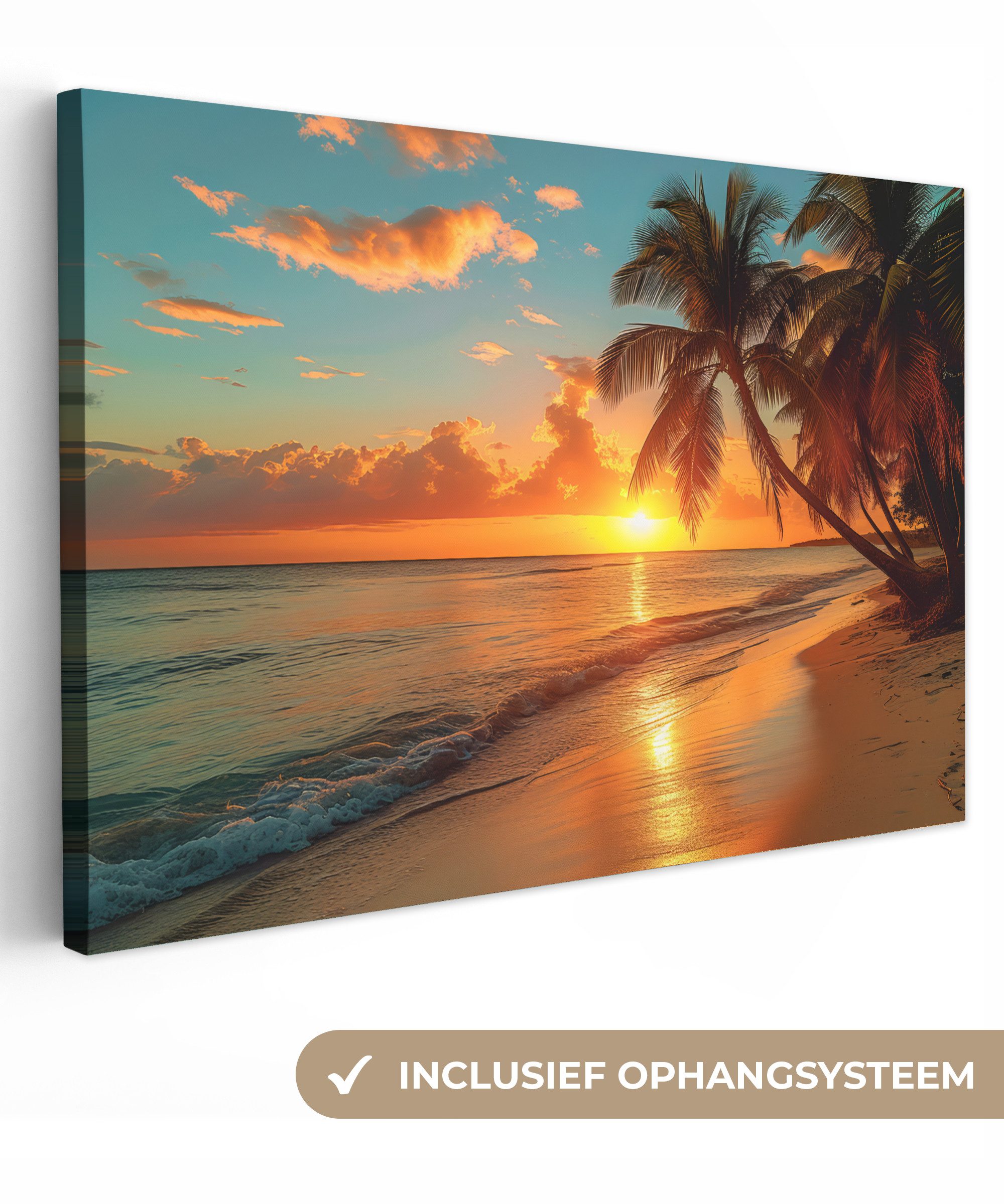 OneMillionCanvasses® Leinwandbild Sonnenuntergang - Strand - Palmen - Meer - Sonne, Fotodruck (1 St), Leinwand Bilder Klein, Wand Dekoration Aesthetic 30x20 cm
