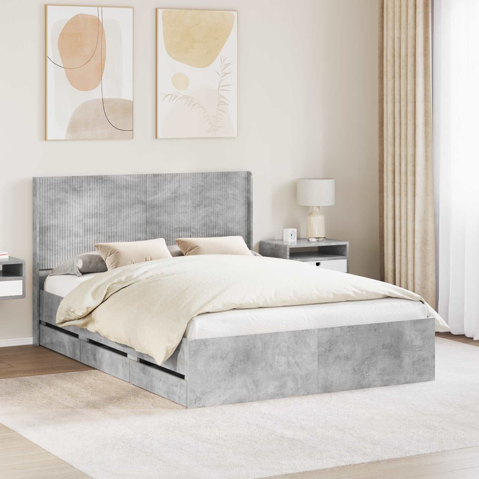 vidaXL Bett Bettgestell mit Stauraum und Kopfteil Betongrau 150 x 200 cm (1-tlg)