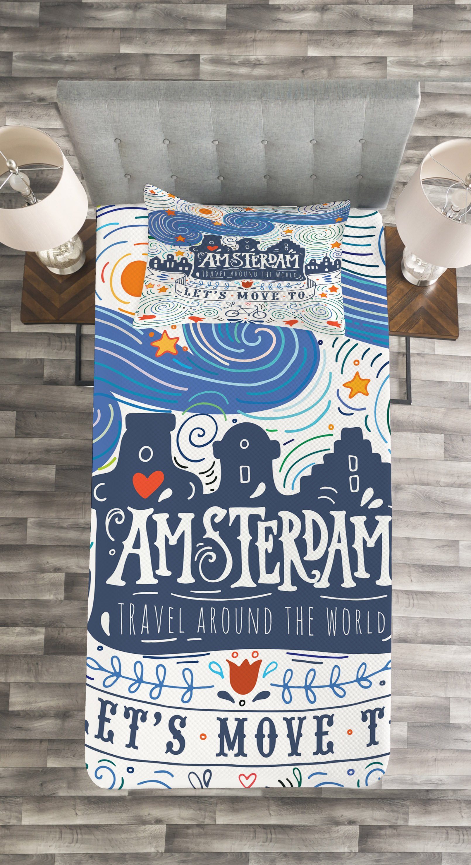 Tagesdecke Waschbar, Abakuhaus, Amsterdam Kanal-Häuser Kissenbezügen Set mit Reise Worte