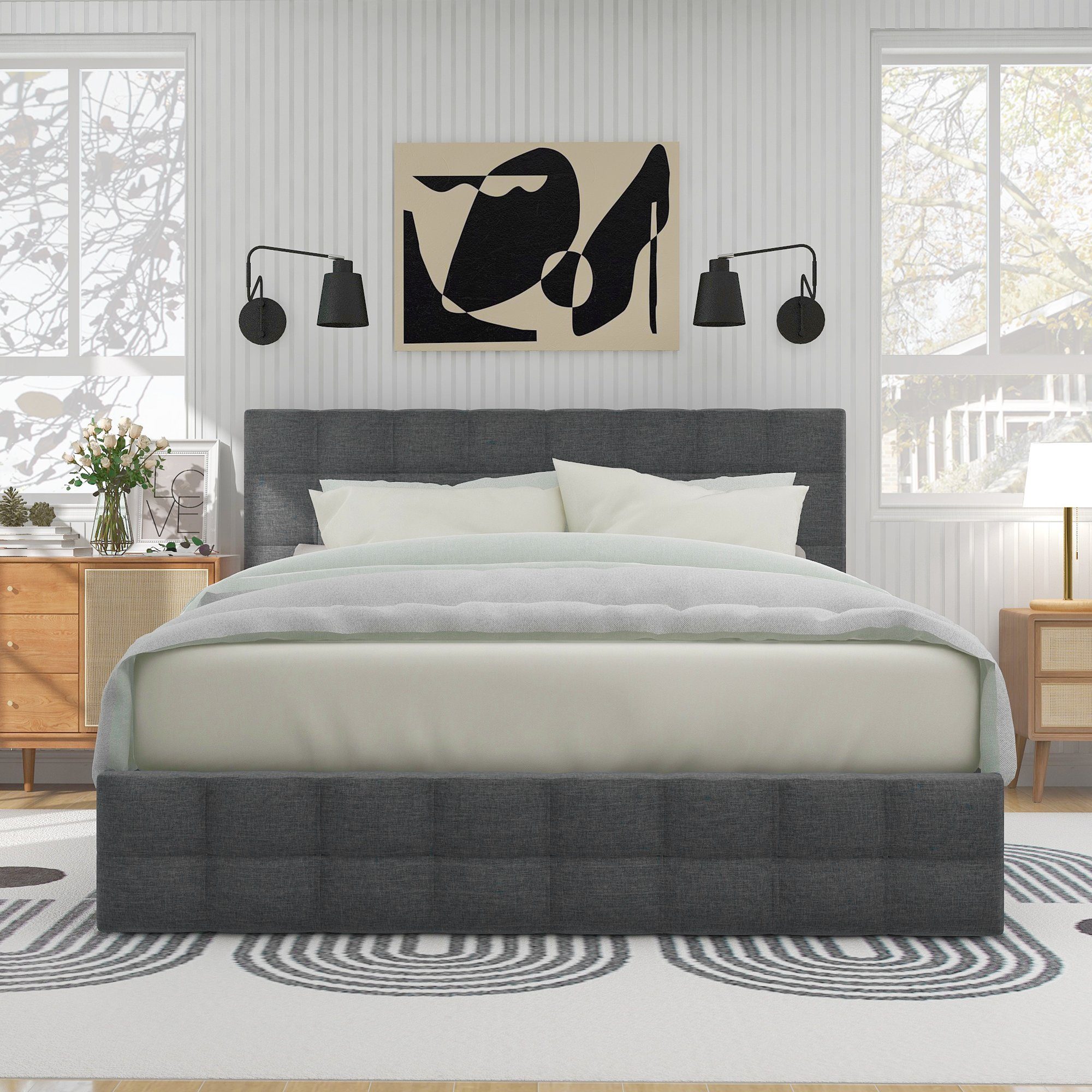 REDOM Polsterbett Doppelbett Bett Funktionsbett + 4 Schubladen ohne Matratze 140*200 cm (mit Bettstauraum höhenverstellbares Kopfteil) Grau