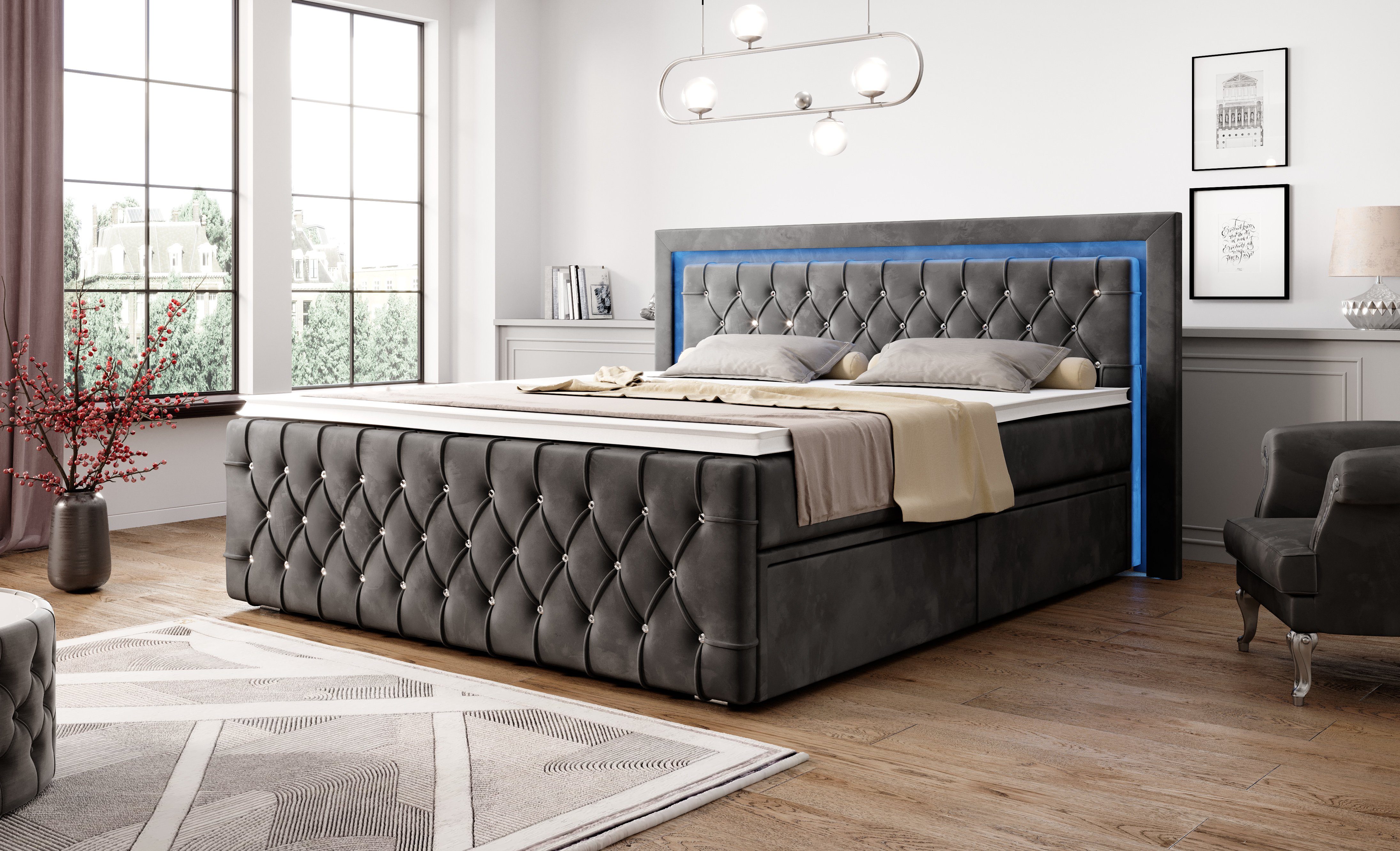 PROMETO Möbel Boxspringbett Arosa 7-Zonen-Taschenfederkernmatratze 180 x 200 cm - LED 16 Farben