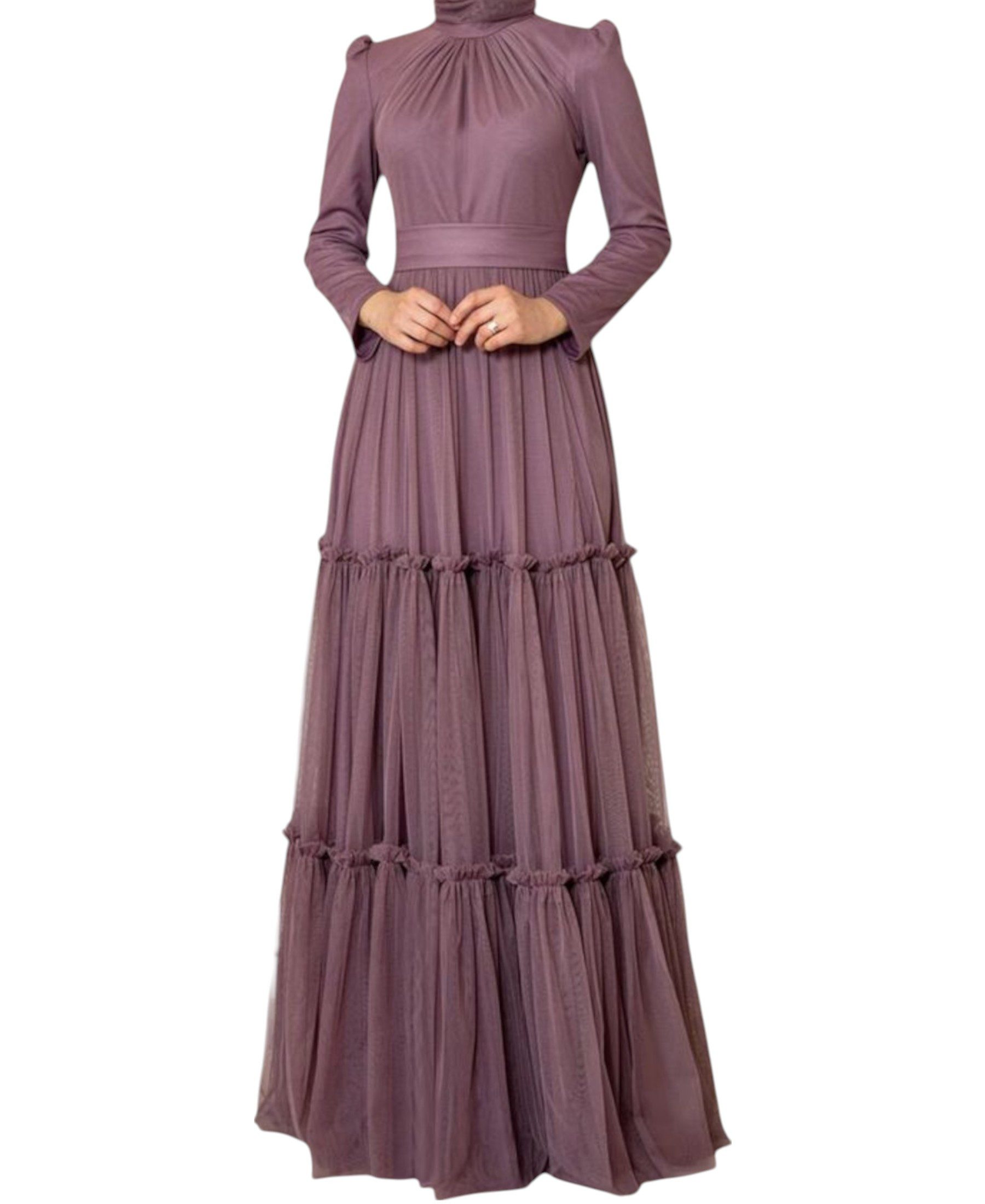 Modavitrini Abendkleid Tüllkleid mit Rüschenrock Hijab Kleid Abiye Abaya Maxikleid Mehrlagiger Tüllrock, eleganter Maxischnitt, blickdichtes Unterkleid