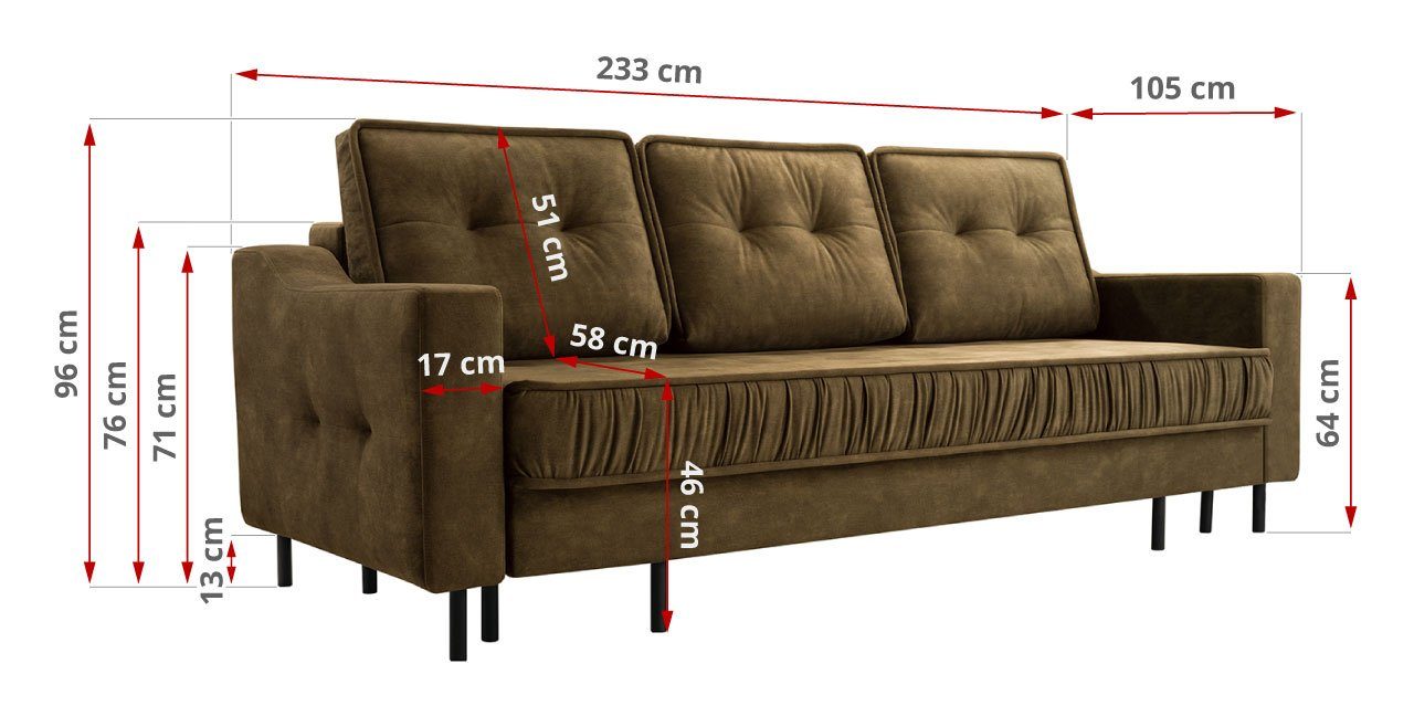 AREZZO, Schlaffunktion, mit MKS MÖBEL Dreisitzer-Sofa Sofa Olive gesteppter Sitz und Kissen Palladium