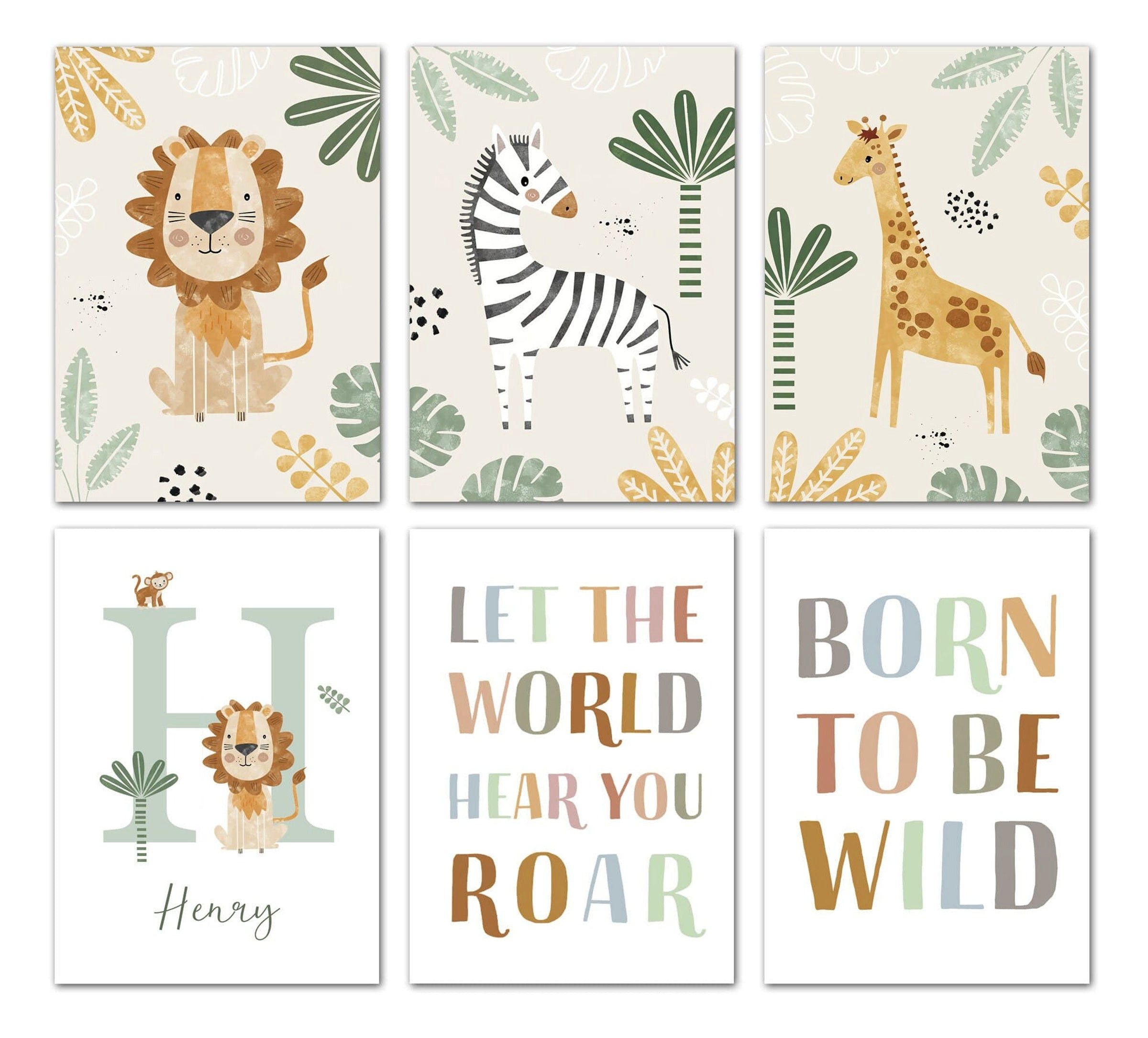 JUSTGOODMOOD Poster Kinderzimmer Dschungel Tiere Name Personalisiert Kinderzimmer Bilder W, C (1 St)