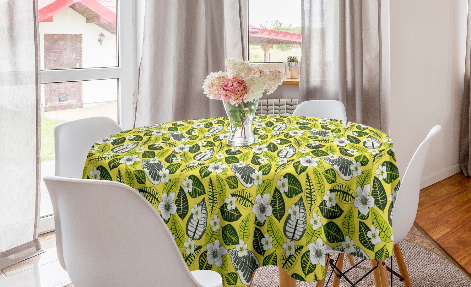 Abakuhaus Tischdecke Kreis Tischdecke Abdeckung für Esszimmer Küche Dekoration, Tropisch Exotische Blätter Blätter Kunst