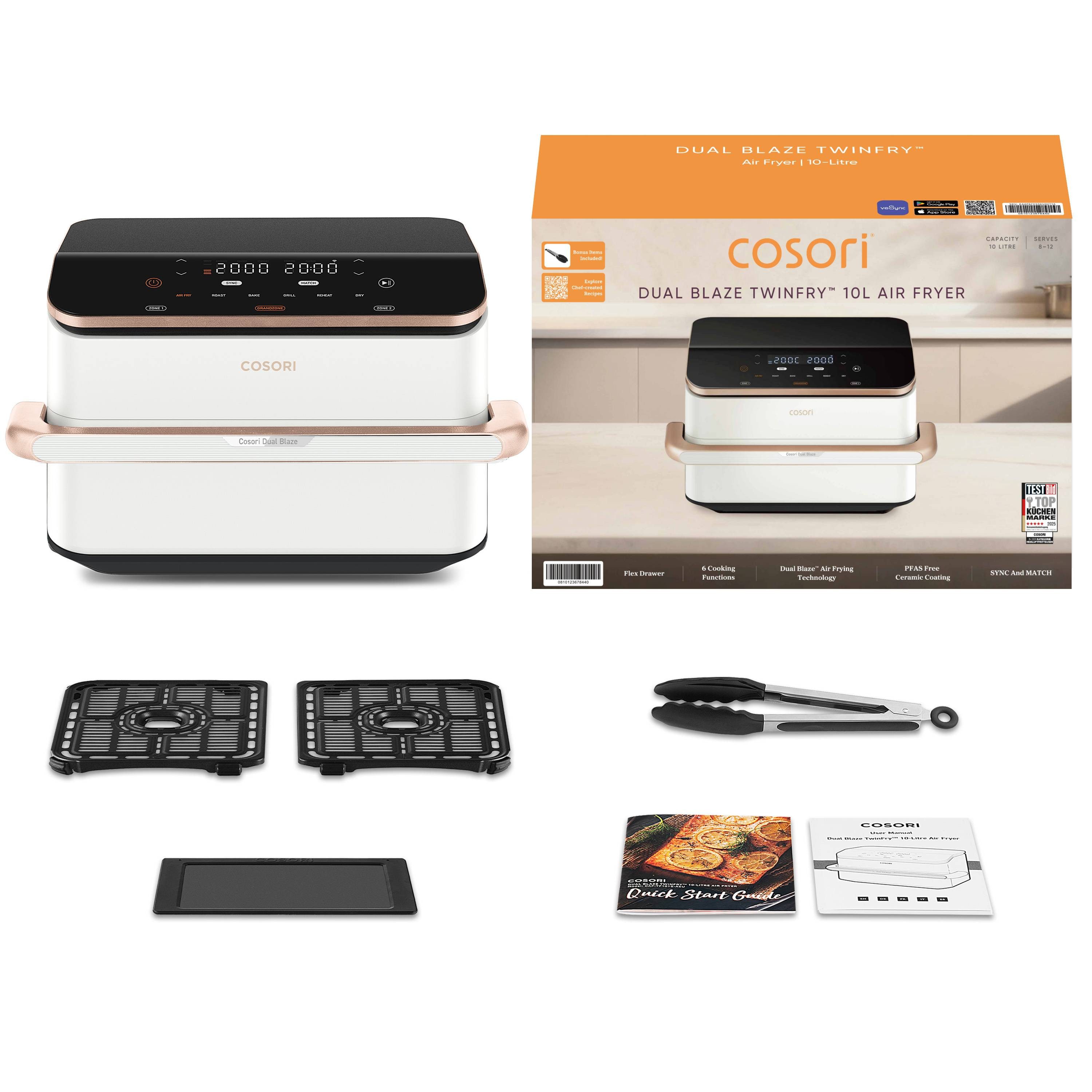 Cosori Heißluftfritteuse DualBlaze TwinFry CAF-TF101S, 10L Airfryer, 2 Kammern mit herausnehmbarem Trenner, 2800 W, 45 % sparsamer, Online-Rezepte, WiFi, 6-in-1, Keramikbeschichtung
