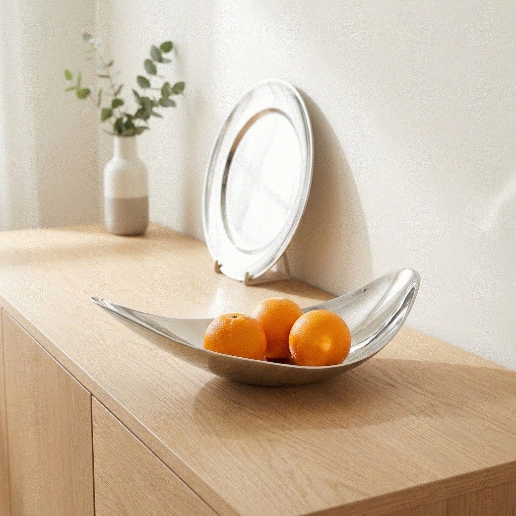 Antikas Wanddekoobjekt Aluminium Dekoschale silbern, vernickelt glänzend, Bootsform, H.15 cm