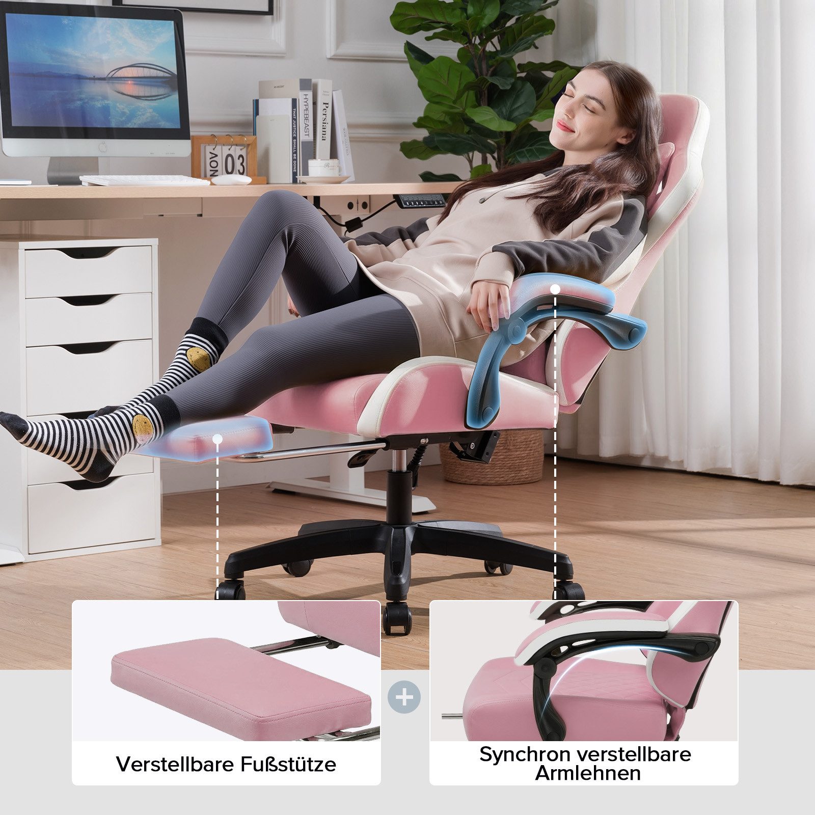 GTPLAYER Gaming-Stuhl Ergonomischer Gaming Sessel Schreibtischstuhl aus Stoff/Kunstleder (Pacekung), Federsitzkissen mit Fußstütze