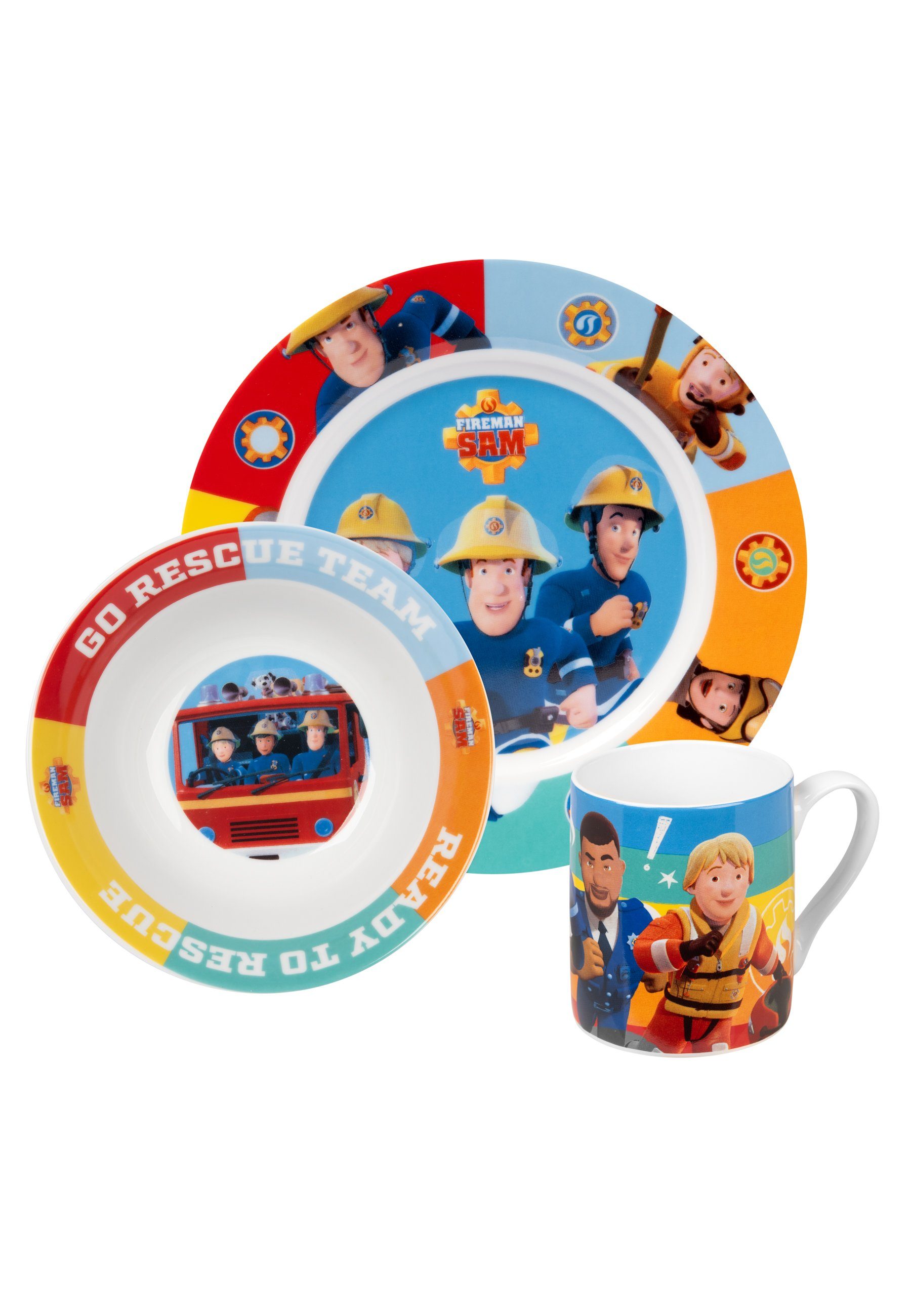United Labels® Frühstücks-Geschirrset Feuerwehrmann für Kinder Set - Porzellan Frühstücksset Sam 3-tlg, Geschirr