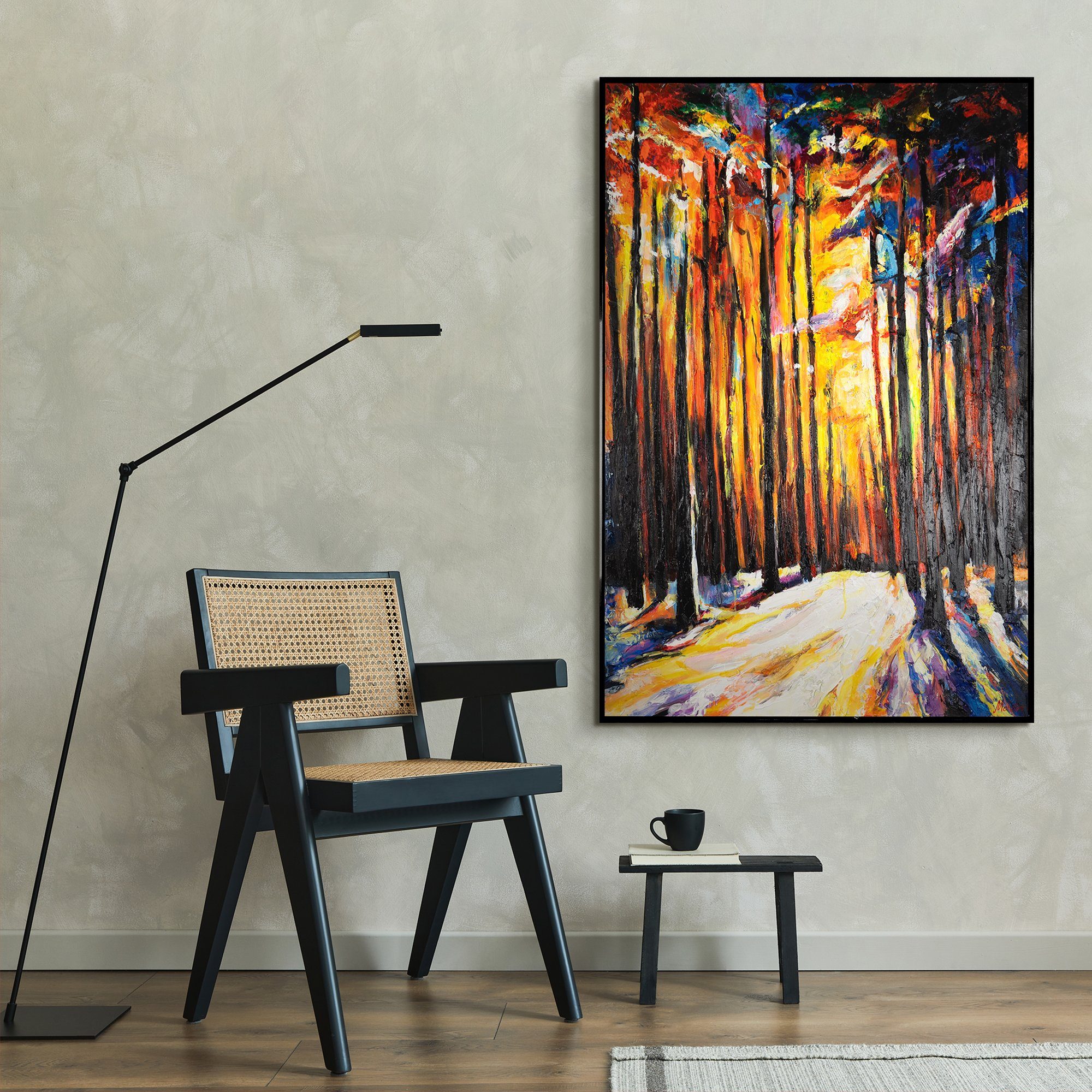 Gemälde Rahmen Wald YS-Art Waldharmonie, Mit in Schwarz