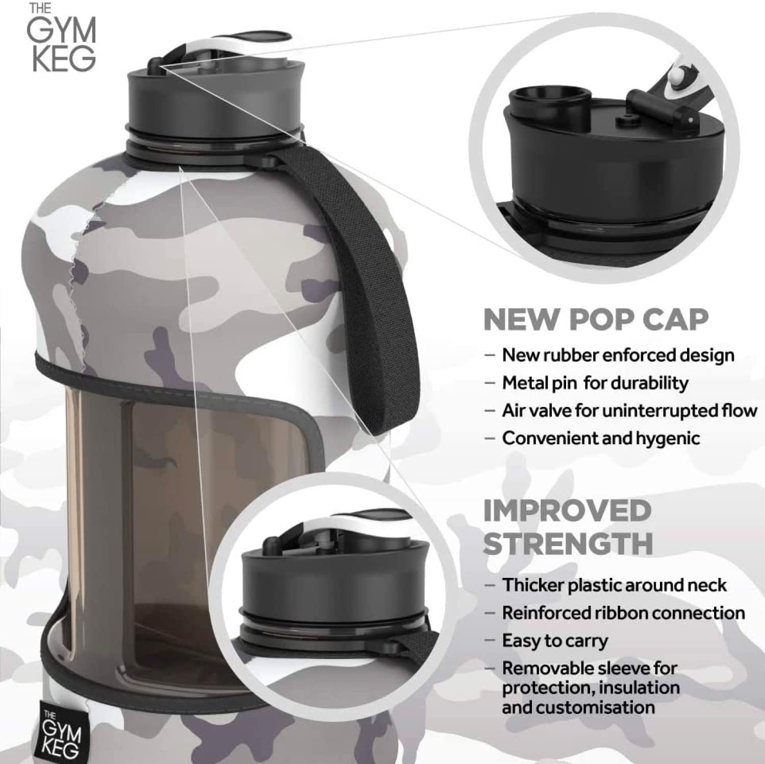 The Gym Keg Trinkflasche Neoprene Black 2.2L Sleeve mit Polyethylenterephthalat Wiederverwendbar, Liter Trinkflasche und Griff, Gym 2.2 Stealth