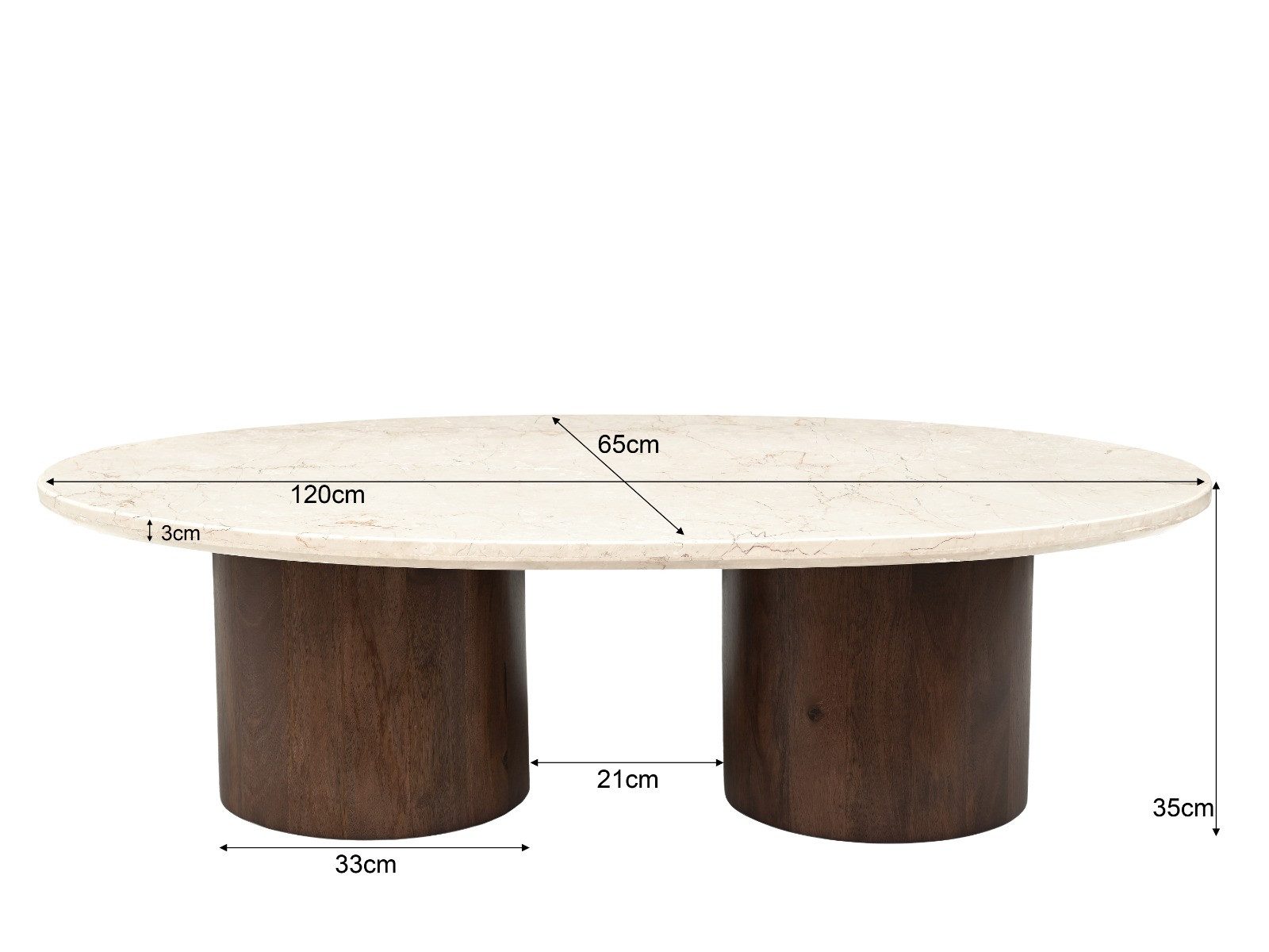 Maison ESTO Couchtisch NACERA oval Naturstein Mangoholz braun 120 cm, Tischplatte aus echtem Naturstein, Säulenfüße aus massivem Mangoholz – Bild 4 von 5