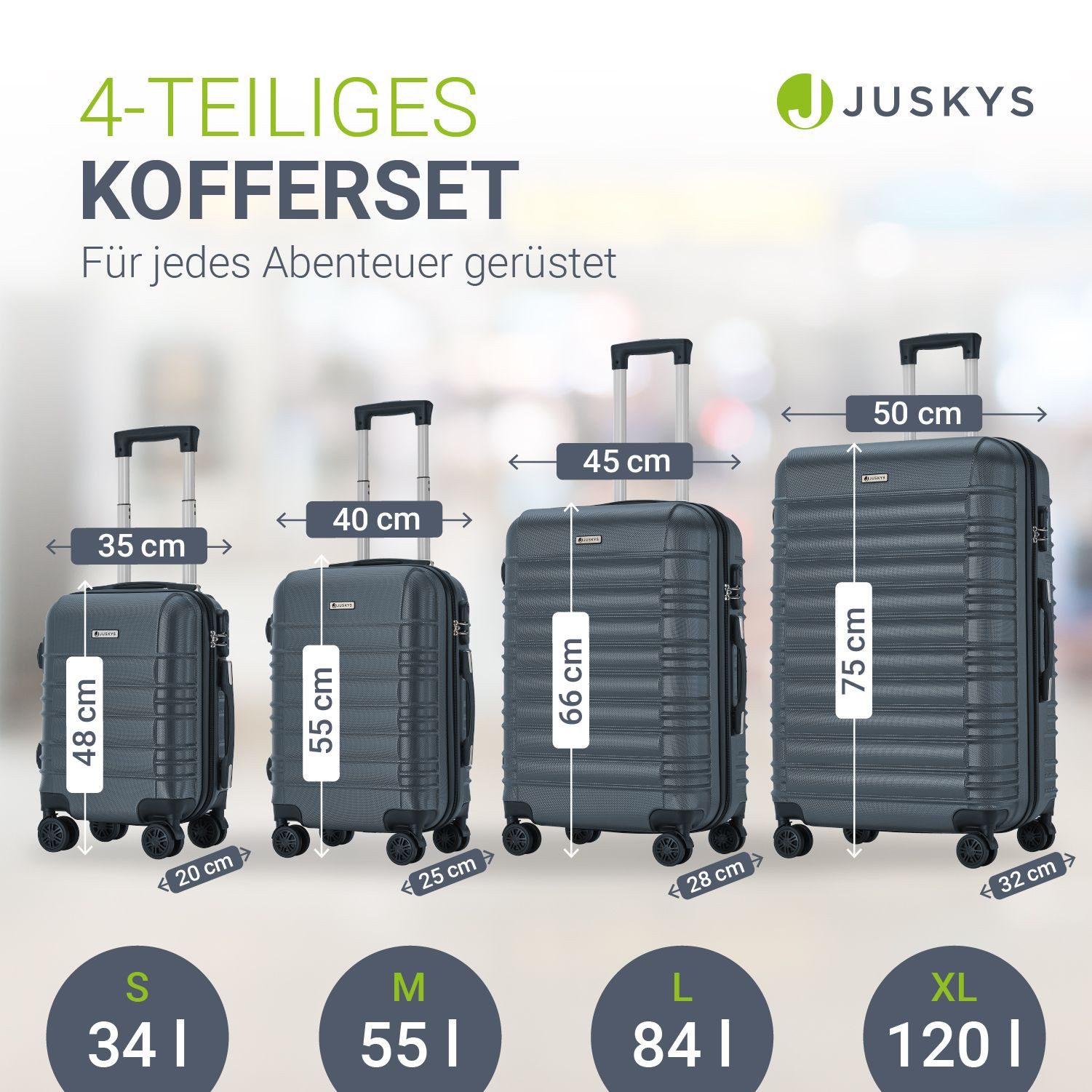 Juskys Trolleyset Rom, 4 Rollen, (4 tlg., 4-teilig), 4 Koffer, 360° Rollen, robuste Hartschale, mit Zahlenschloss