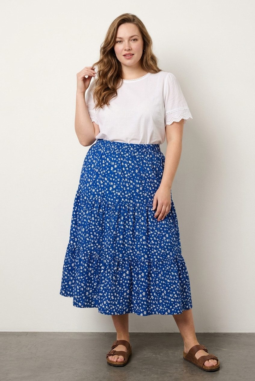 Stil Diva Midirock Plus Size Elastischer Bund Faltenrock Blumen