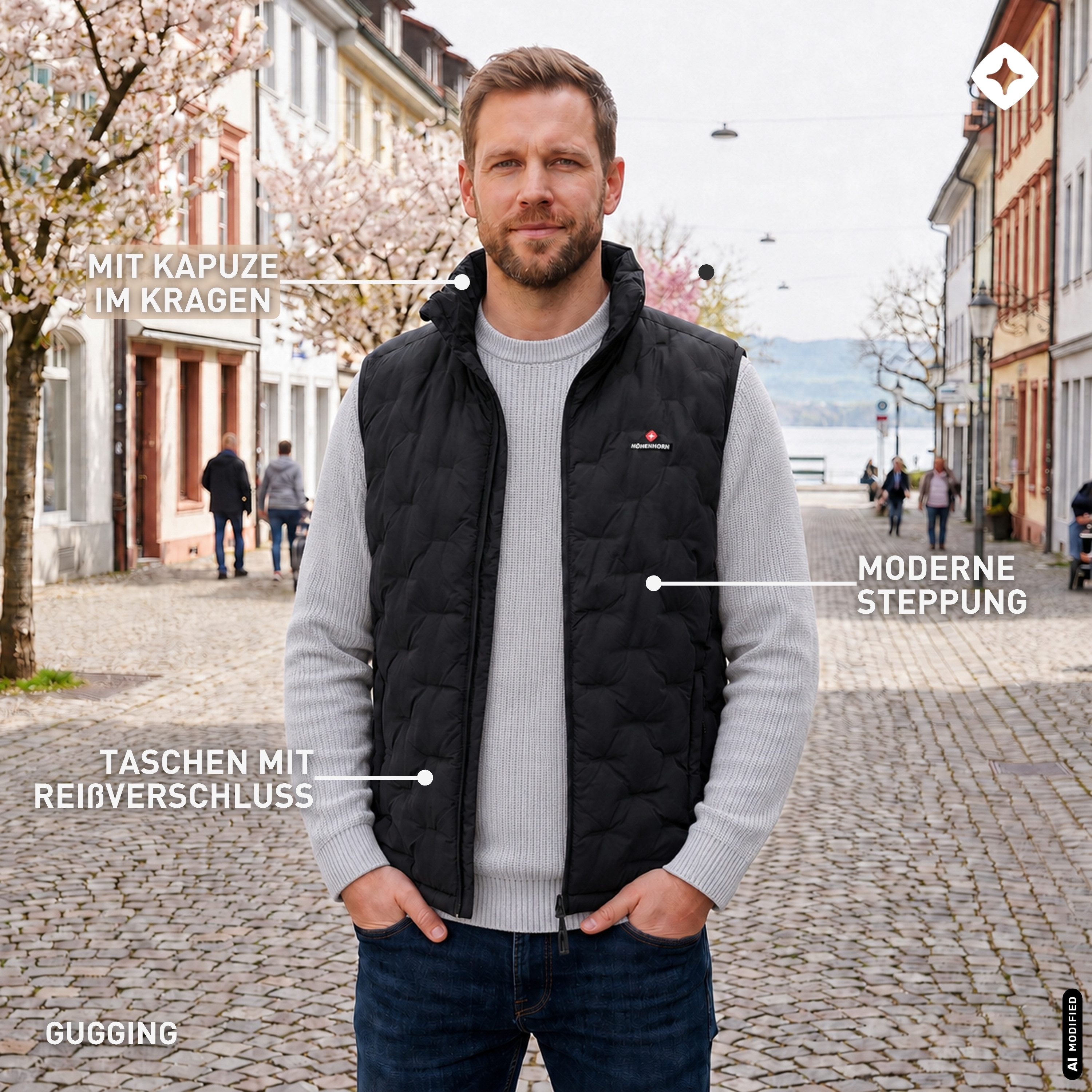 Höhenhorn Steppweste Gugging Herren Weste für Männer Steppjacke Sportjacke Freizeitjacke Regenkapuze im Kragen – Bild 4 von 5