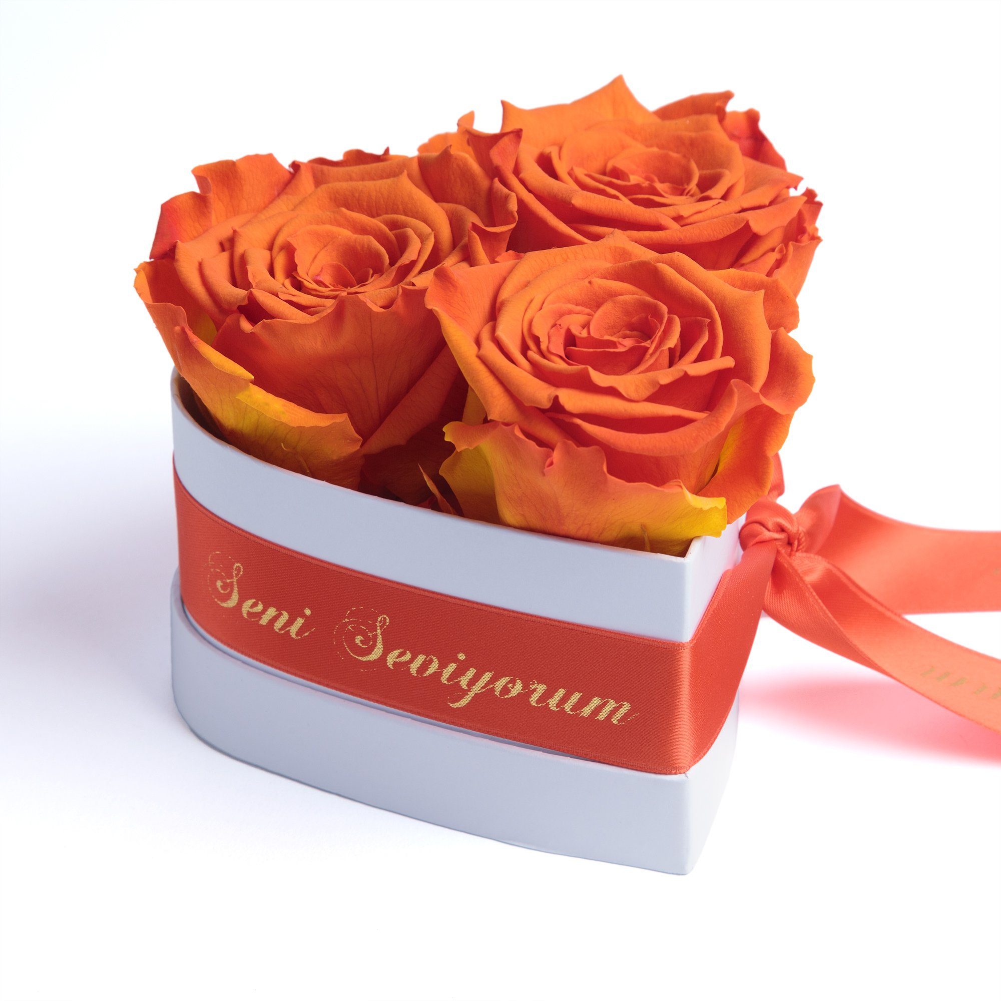 Kunstblume Seni Seviyorum Infinity Rosenbox Herz 3 echte Rosen konserviert Rose, ROSEMARIE SCHULZ Heidelberg, Höhe 10 cm, echte Rosen lang haltbar Orange