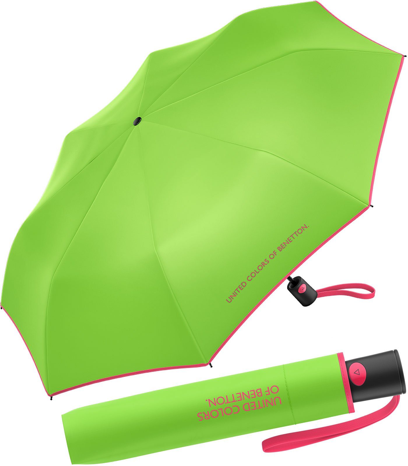 green Taschenregenschirm leuchtende Automatik Modefarben HW flash, Colors Benetton mit Mini grün-pink of United 2023 - kontrastreichem Saum