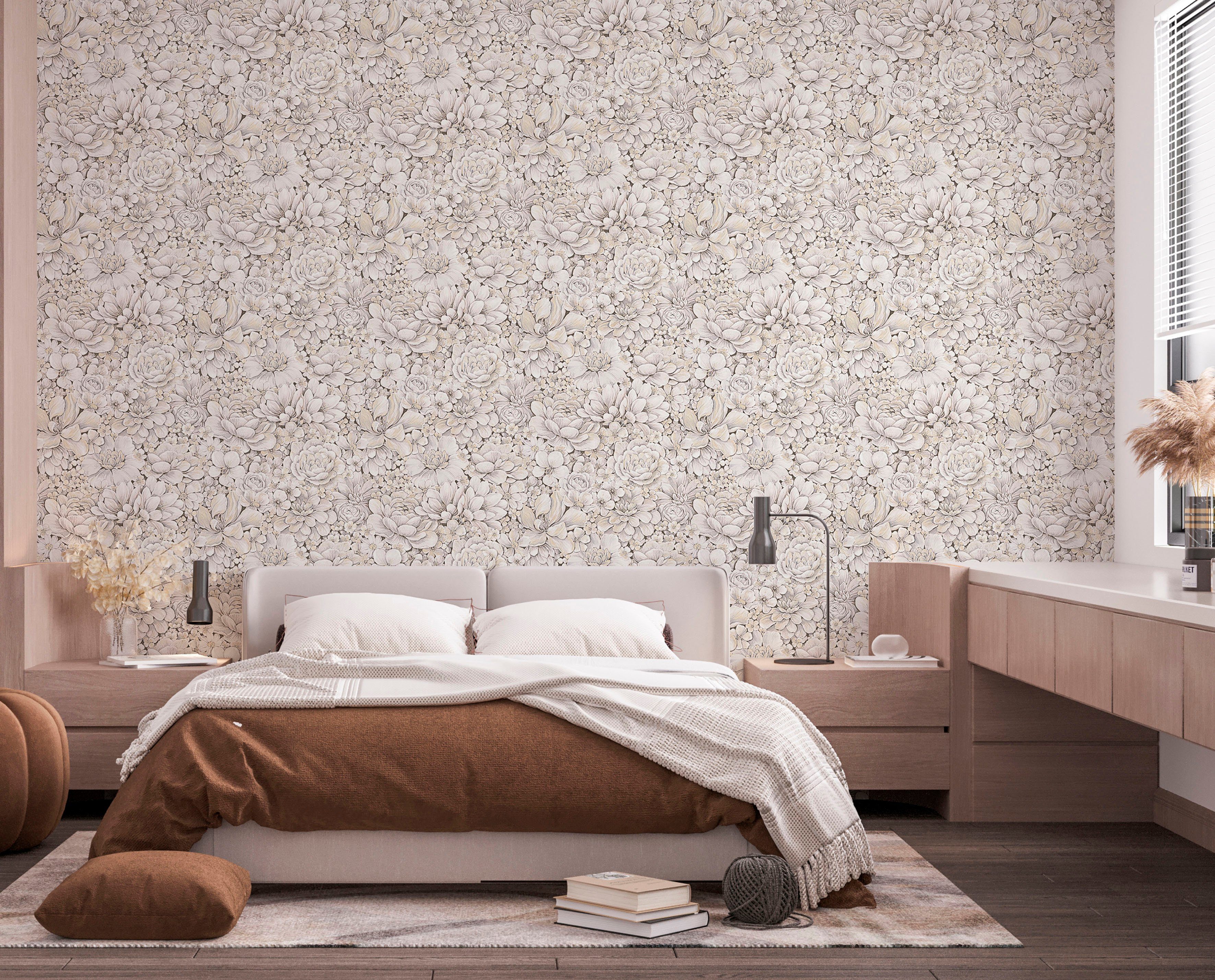 Blattmotiv moderne Marburg Schlafzimmer geprägt, für Vliestapete Vliestapete creme Wohnzimmer matt, Flower, Küche