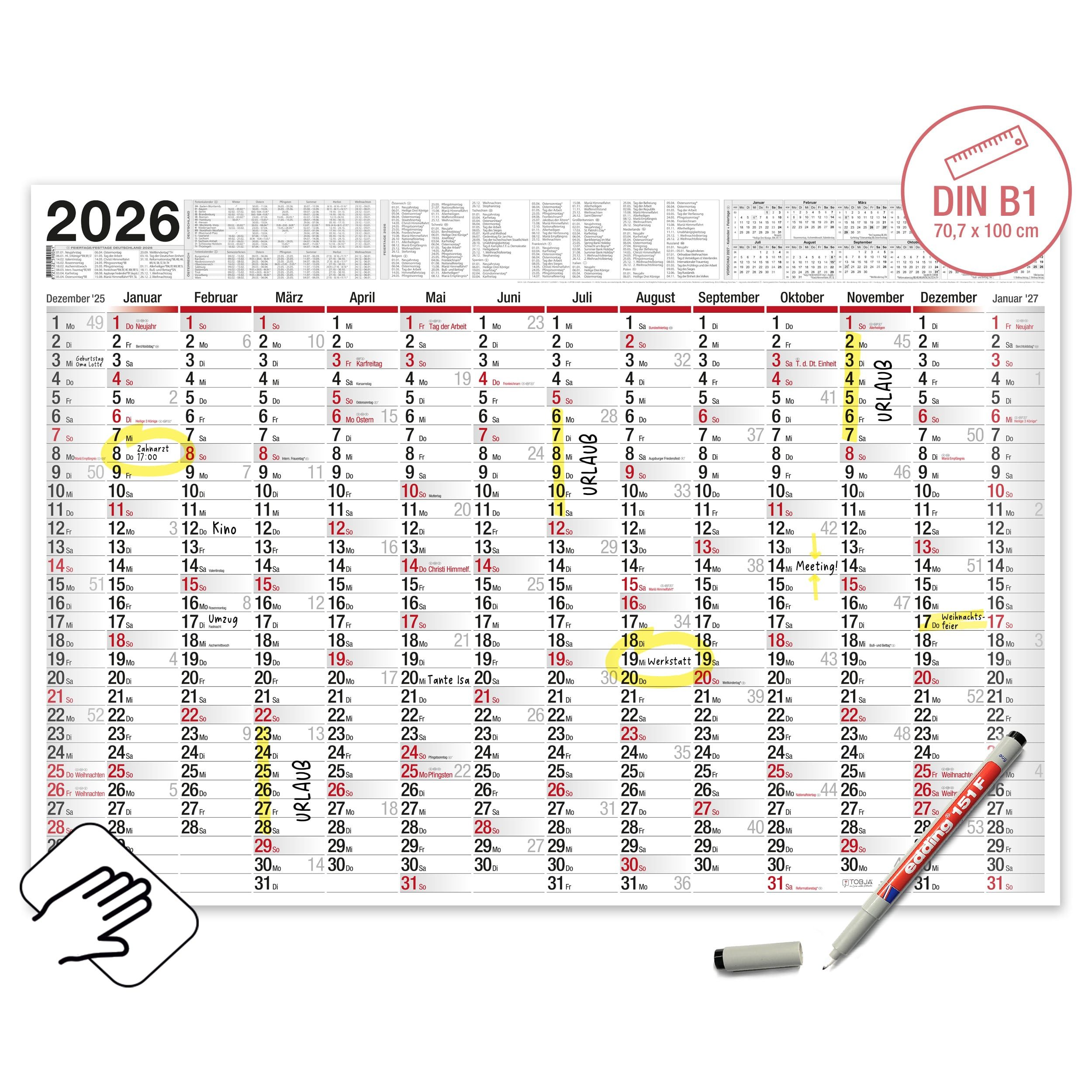 TOBJA Wandkalender XXL Wandkalender 2026 abwischbar inkl. Stift, Jahreskalender Bürokalender Jahresplaner gerollt