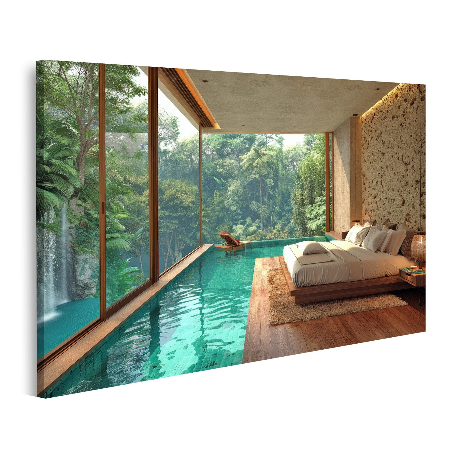 islandburner Leinwandbild Schlafzimmer mit zentralem Pool im Mittelpunkt für einzigartiges