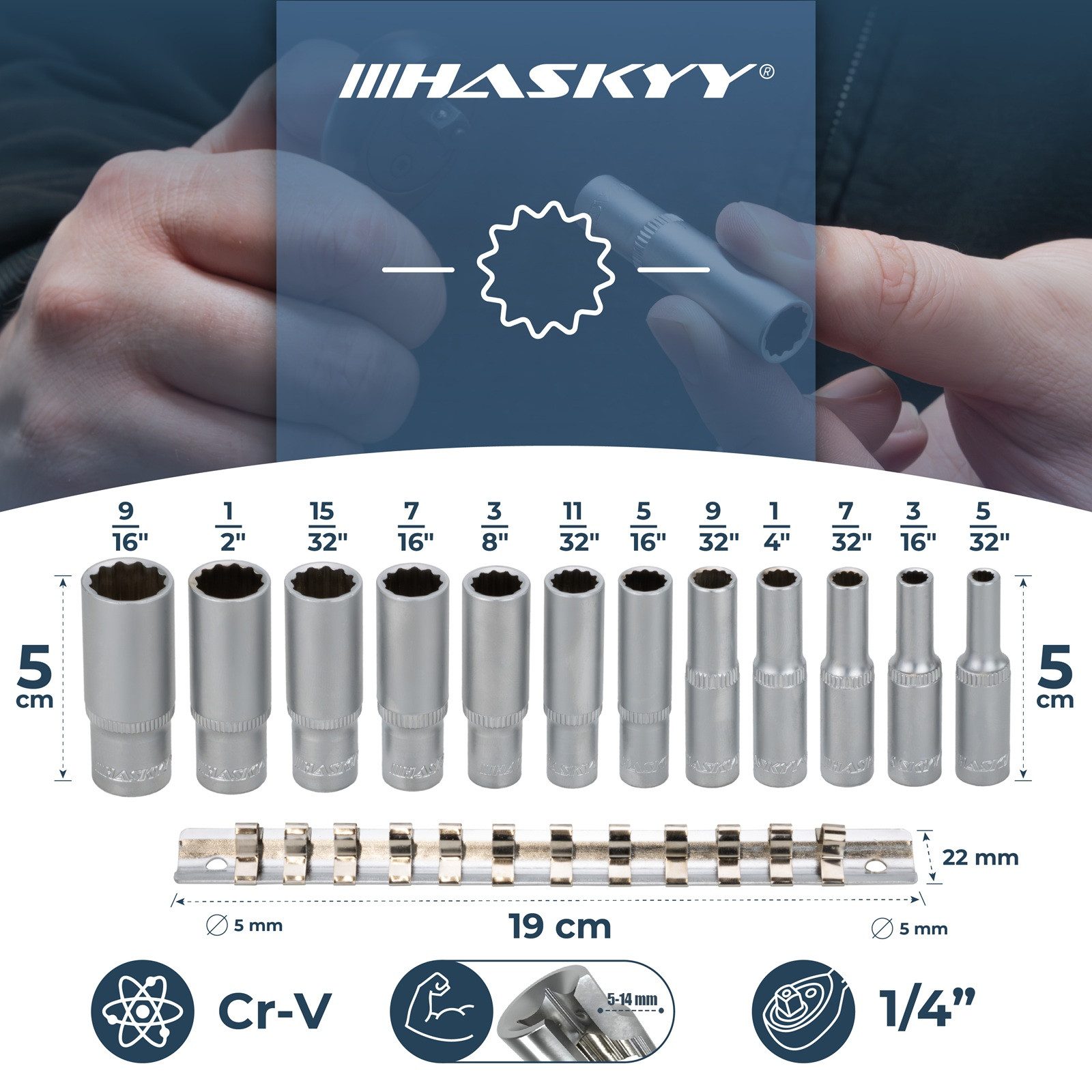 HASKYY Steckschlüssel Zoll Steckschlüsselsatz 12-tlg. SAE 5/32"-9/16" CR-V (1/4) Imperial
