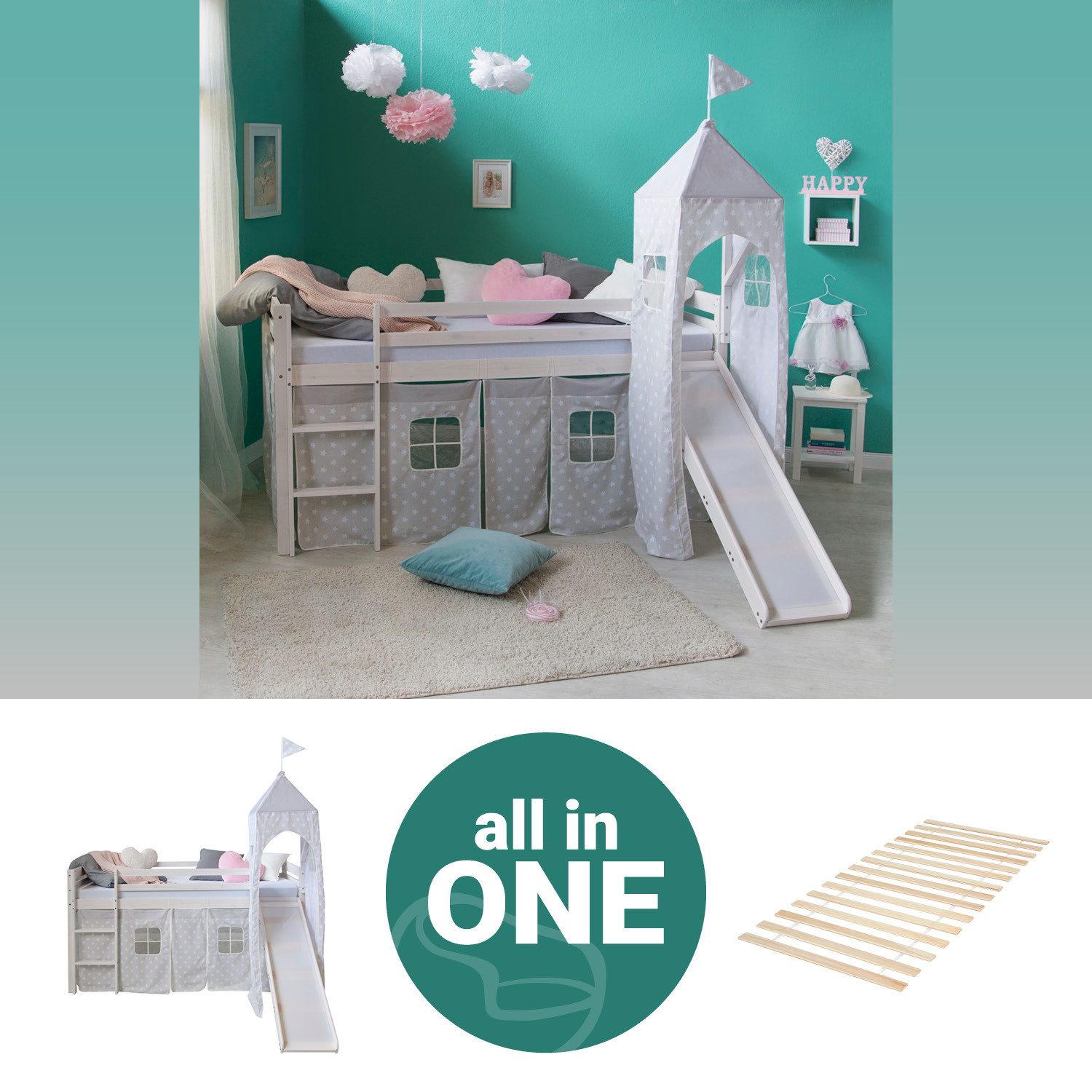 Homestyle4u Hochbett 90x200 Weiß mit Vorhang günstig online kaufen