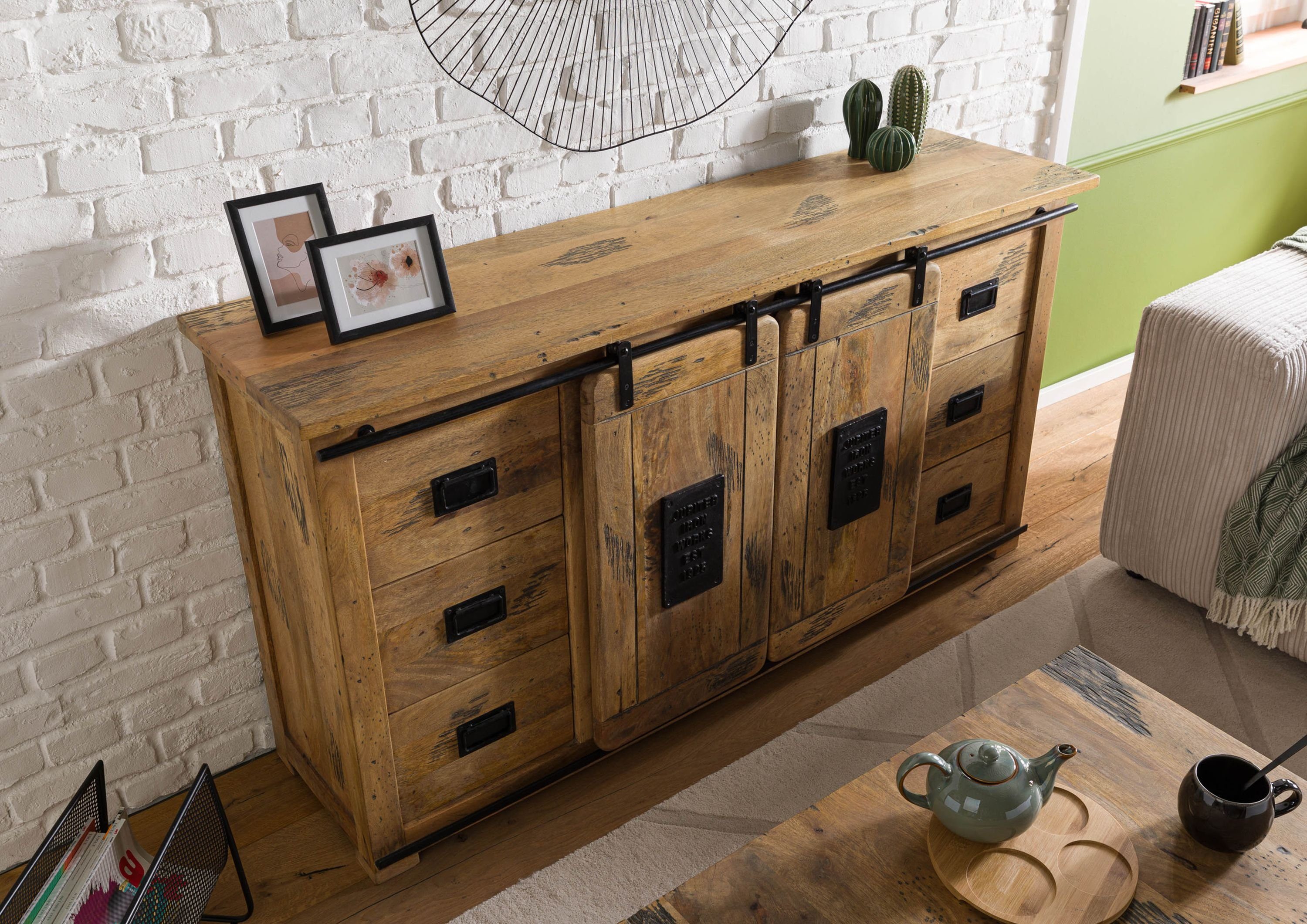 Massivmoebel24 Sideboard RAILWAY (Massivholz), Sideboard Mango 170x45x90 natur lackiert RAILWAY #193