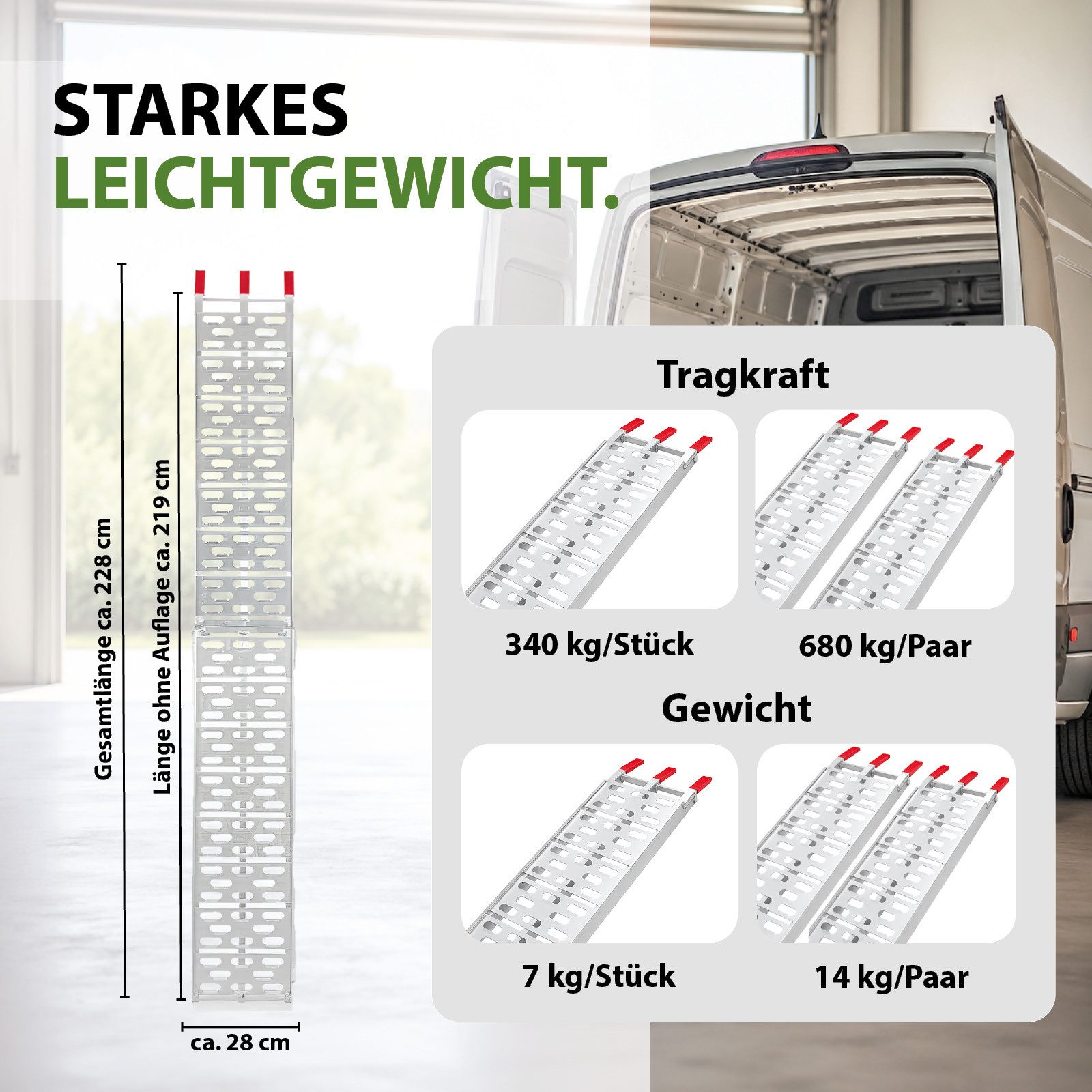 TRUTZHOLM Auffahrrampe klappbar 228 cm Traglast 340 kg Alu Motorradrampe inkl. Spanngurt (1-St., Inkl. Spanngurt), stabile Konstruktion, hochwertige Verarbeitung, kompakte Bauweise