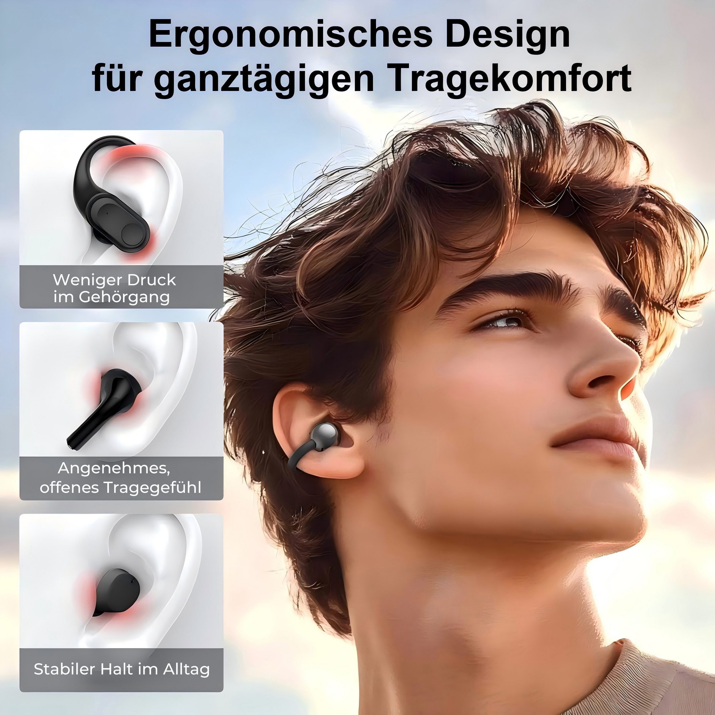 Futicare Bluetooth 5.4 Clip-On Kopfhörer mit LCD-Touchcase, Open-Ear-Kopfhörer (leichte Ohrclip-Kopfhörer, mit 14,2-mm-Treiber, ENC & 60 Std. Laufzeit)