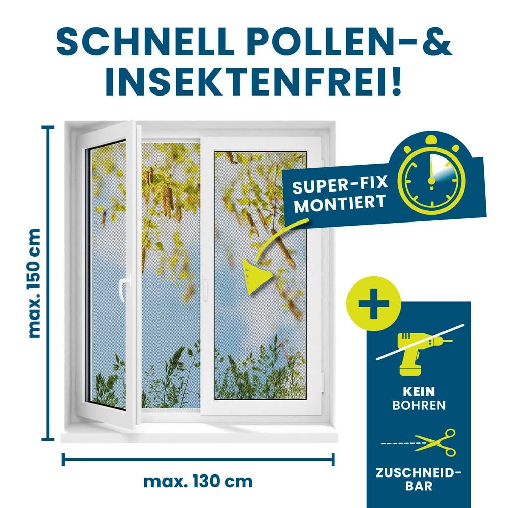 Hoberg Insektenschutz-Fensterrahmen Fliegengitter Moskitonetz inkl. Pollenschutz 150x130cm, (4-St), Fliegennetz, individuell zuschneidbar – Bild 4 von 5