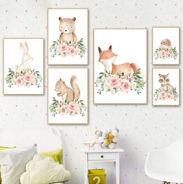 TPFLiving Kunstdruck (OHNE RAHMEN) Poster - Leinwand - Wandbild, Bär, Igel, Hase, Fuchs, Kaninchen mit Blumen - Für Kinderzimmer - (Mädchenzimmer, Babyzimmer, Jungenzimmer, Kindergarten), Farben: Pastel, braun, weiß, grün, rosa, pink - Größe: 10x15cm