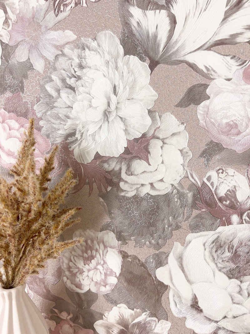 Newroom Vliestapete, Rose Tapete Floral Blumen - Vintage Blumentapete Weiß Beige Romantisch 3D Optik Rosen Blätter für Schlafzimmer Wohnzimmer Küche