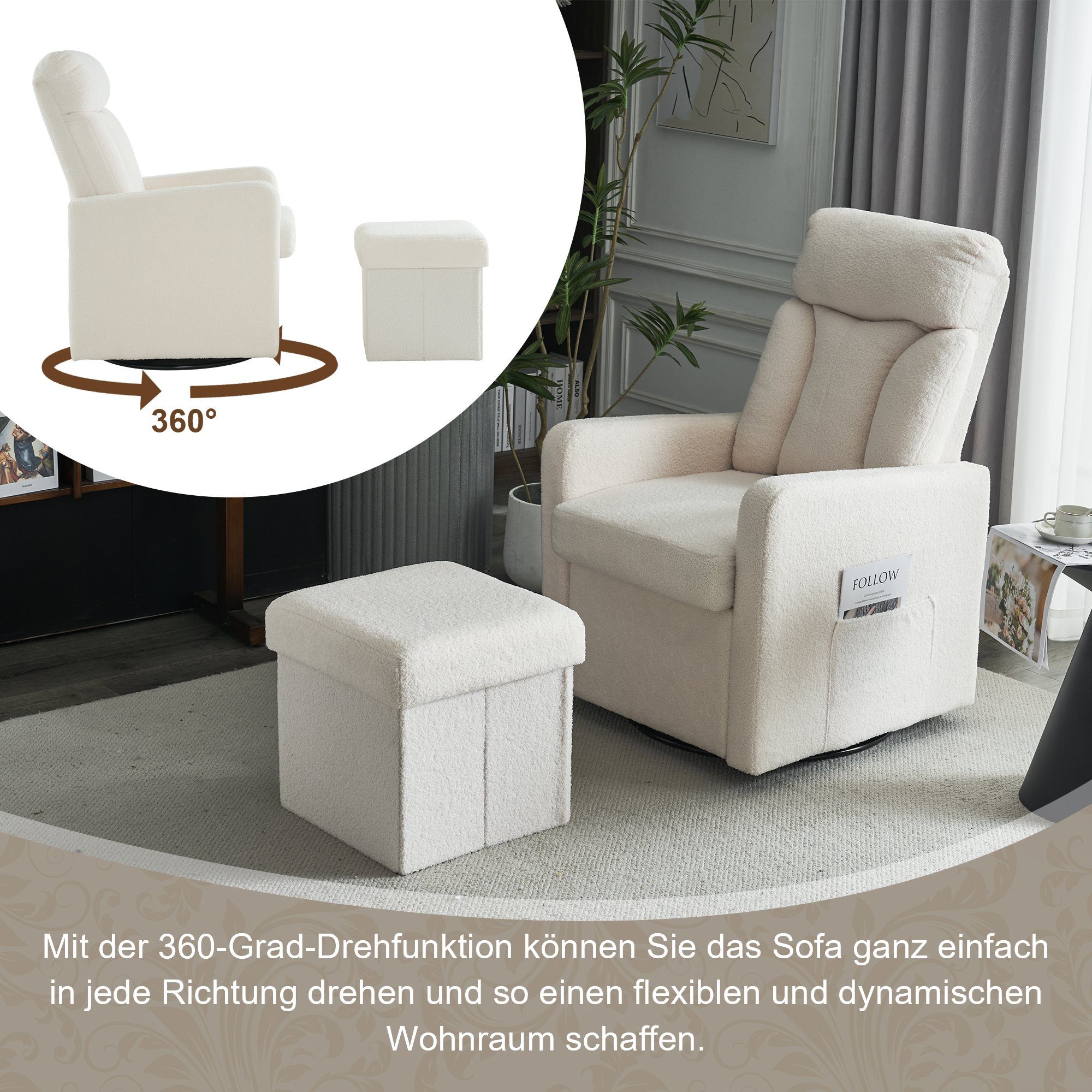 Merax 360° gepolstertes Hocker, Drehsessel, mit Relaxsessel, Teddyplüsch drehbar mit