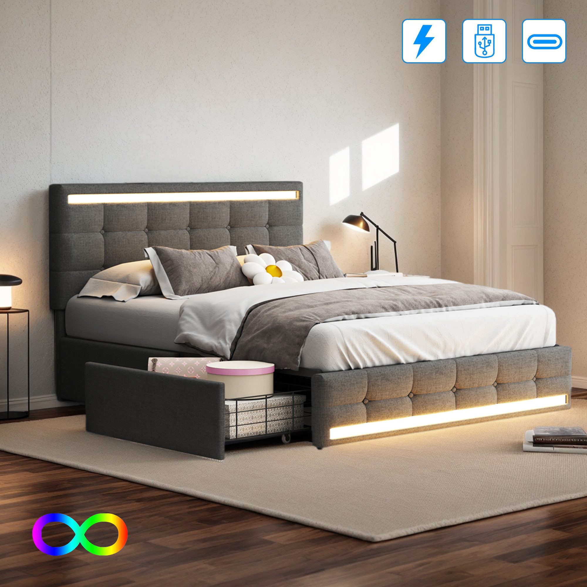 PXloue Polsterbett Doppelbett Stauraumbett Funktionbett, mit USB-Laden und günstig online kaufen