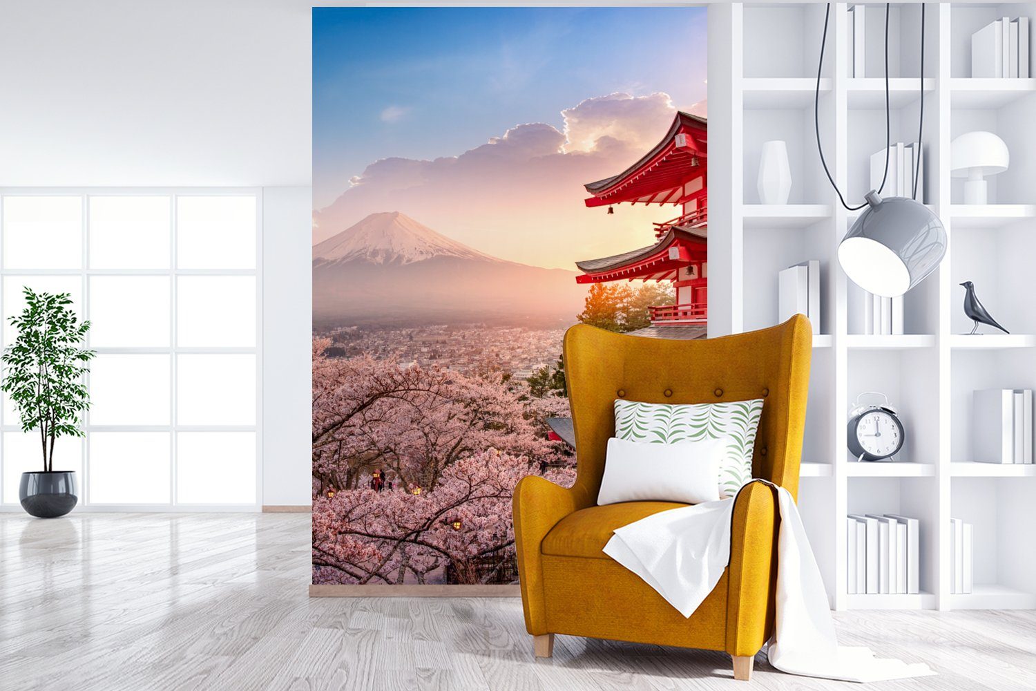 - Tapete bedruckt, Montagefertig - - Vinyl MuchoWow Blütenzweige Matt, Sakura Wandtapete für - (3 Fuji Wohnzimmer, St), Fototapete Pagode Japan,