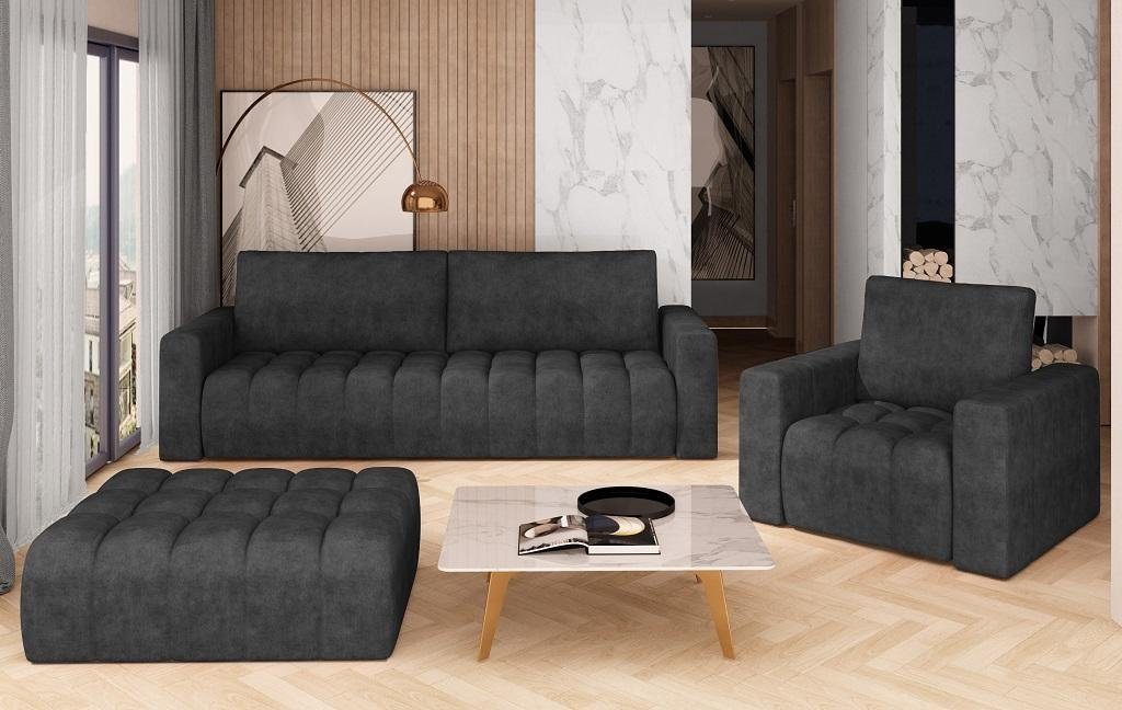 JVmoebel Wohnzimmer-Set Sofagarnitur Garnituren Sitzer Schwarz 3tlg Stoff Samt 3+1 Hocker Wohnzimmer