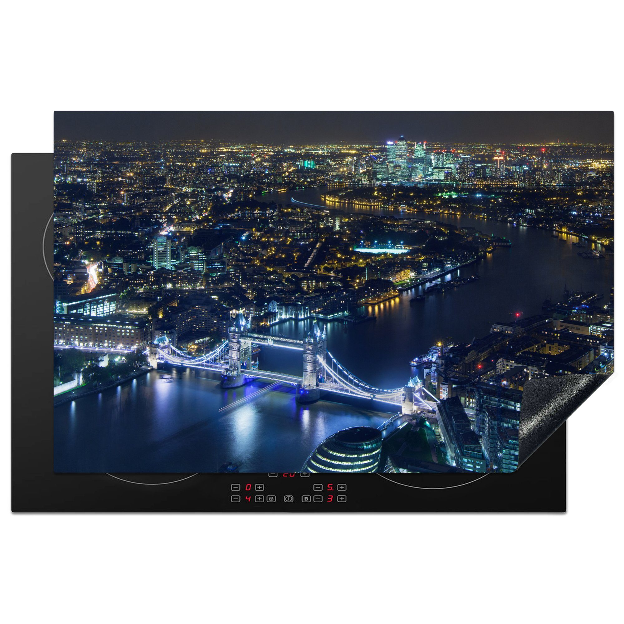MuchoWow Herdblende-/Abdeckplatte Luftaufnahme von London mit der Tower Bridge mitten in der Nacht, Vinyl, (1 tlg), 81x52 cm, Induktionskochfeld Schutz für die küche, Ceranfeldabdeckung