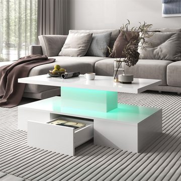 autolock Couchtisch Beistelltisch Tisch mit 16 Farbe LED-LichtSchubladen Wohnzimmer, Hochglanzlackierung, Couchtisch mit Wwei Ablageebenen