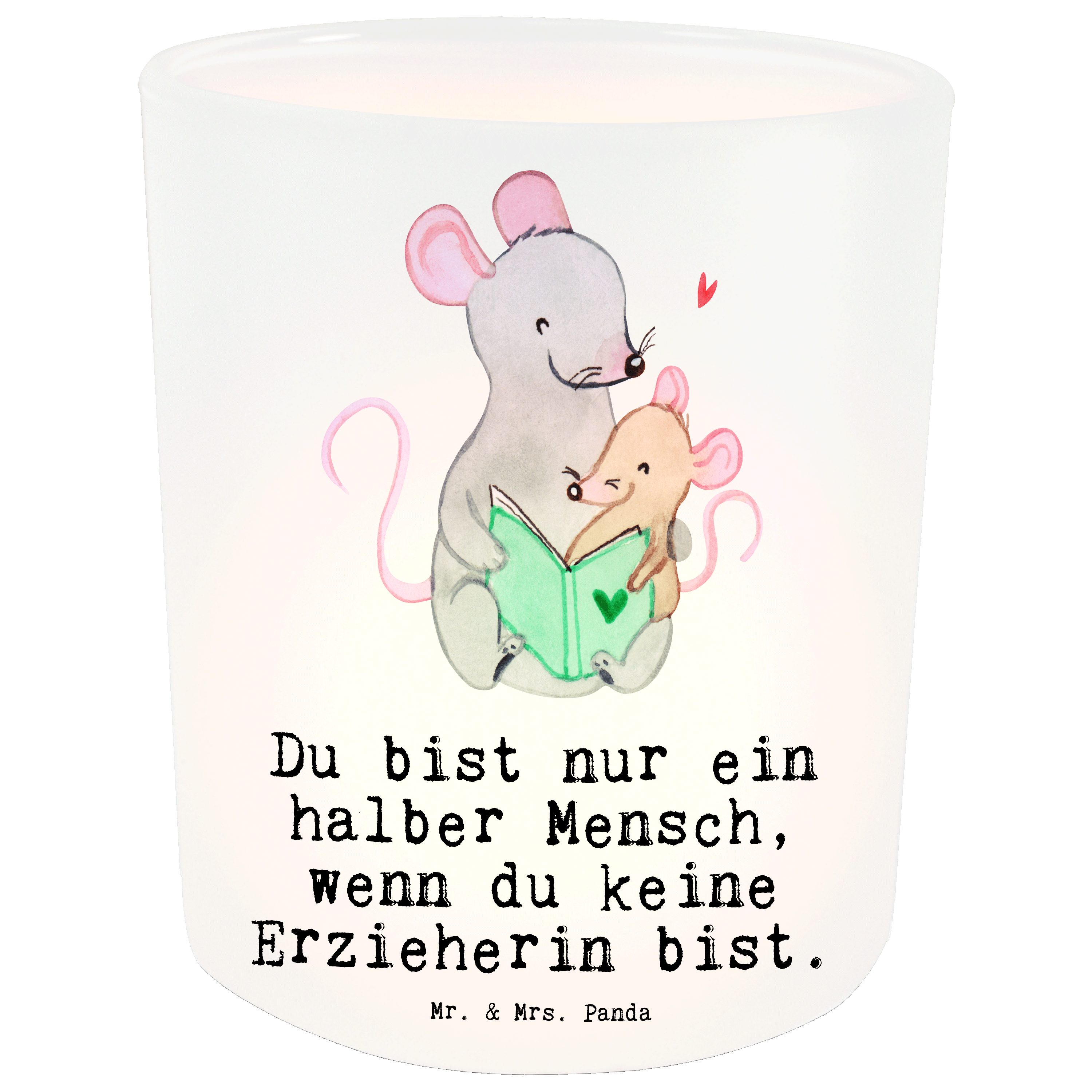 Mr. & Mrs. Panda Windlicht Erzieherin mit Herz - Transparent - Geschenk, Kerzenglas, Windlicht K (1 St)