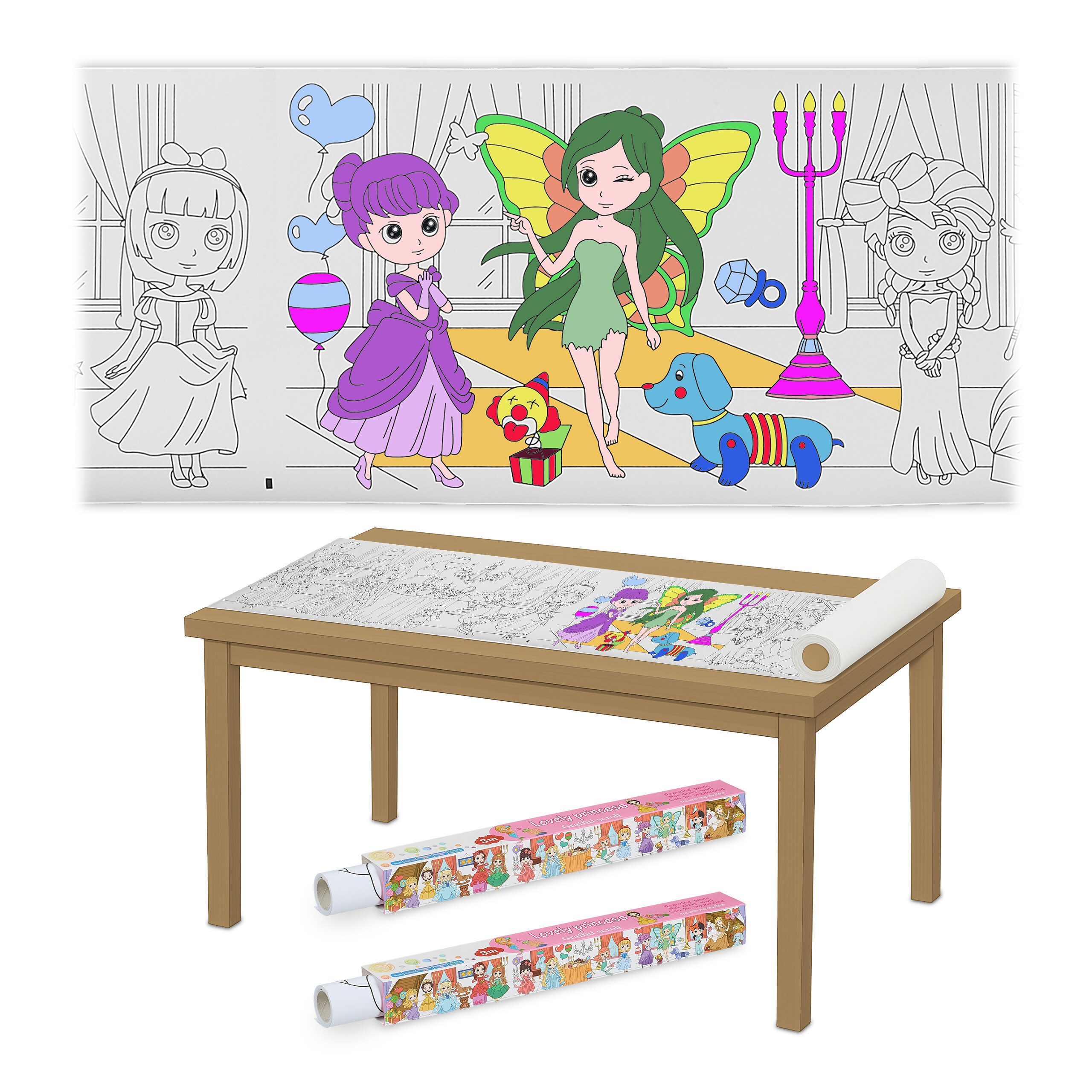 relaxdays Malvorlage Ausmaltischdecken für Kinder 2er Set 3 m (2er Set), Prinzessin