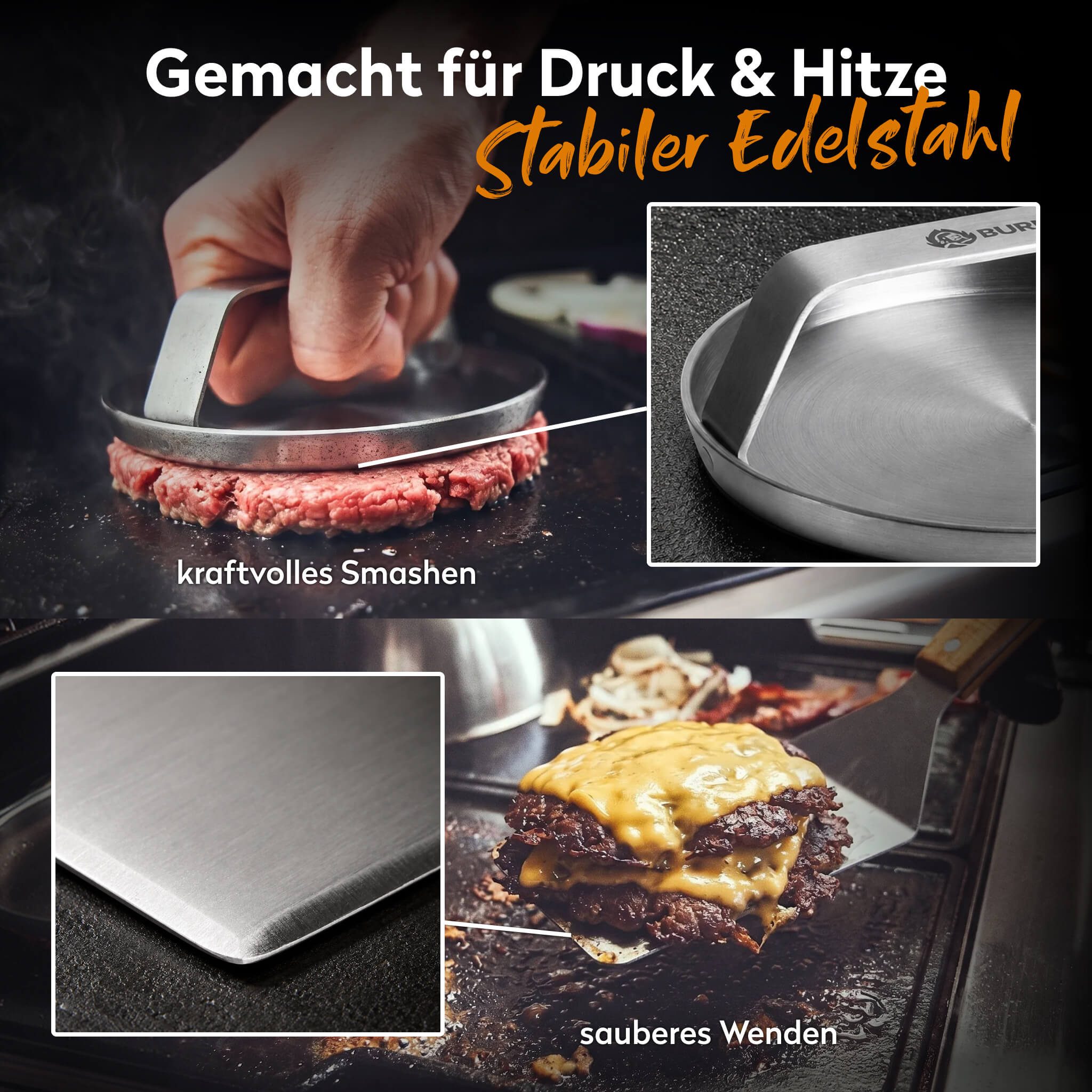 BURNHARD® Burgerpresse Ultimatives Burger-Set 6 tlg. (6 St), Wender, Smasher, 2 Melting Domes & Rezeptheft, Geschenk für Männer – Bild 3 von 5