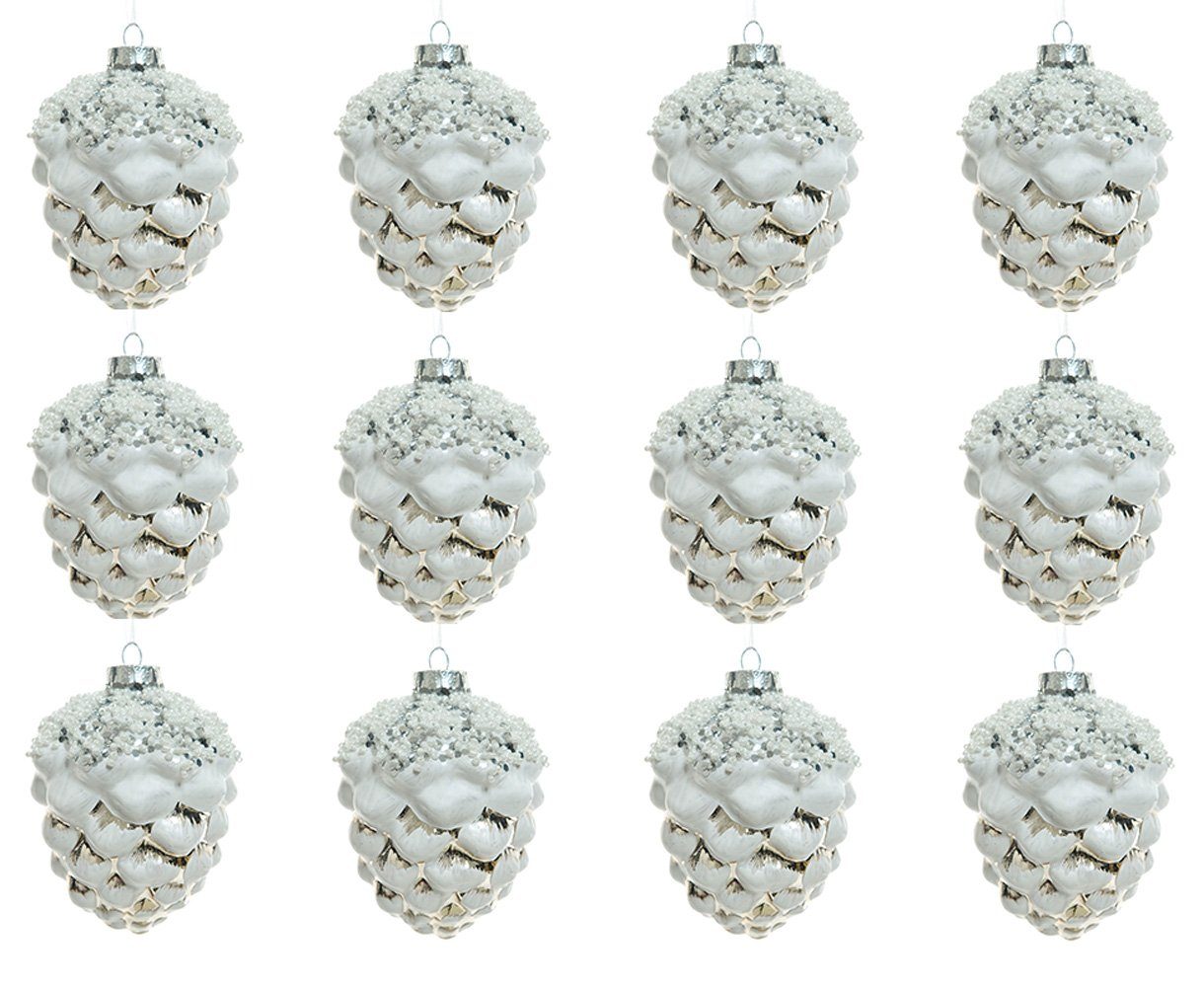 Kaemingk Christbaumschmuck, Christbaumschmuck Glas Zapfen 8cm weiß 12er Set