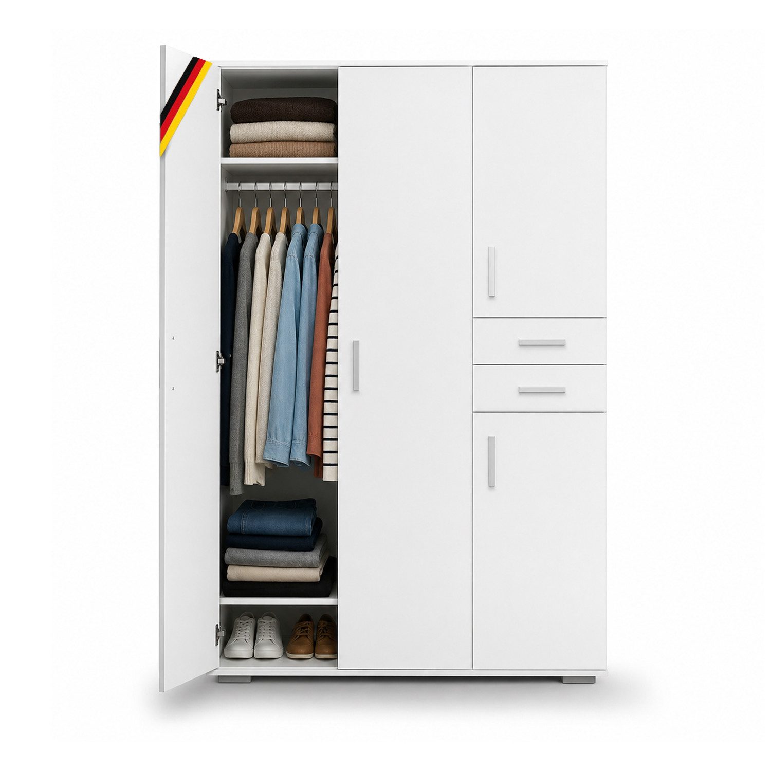 Storado Kleiderschrank Sienna 132×189×54cm, Kleiderschrank mit 4 Türen, Farbe wählbar 4 Türen und 2 Schubladen für großzügigen Stauraum