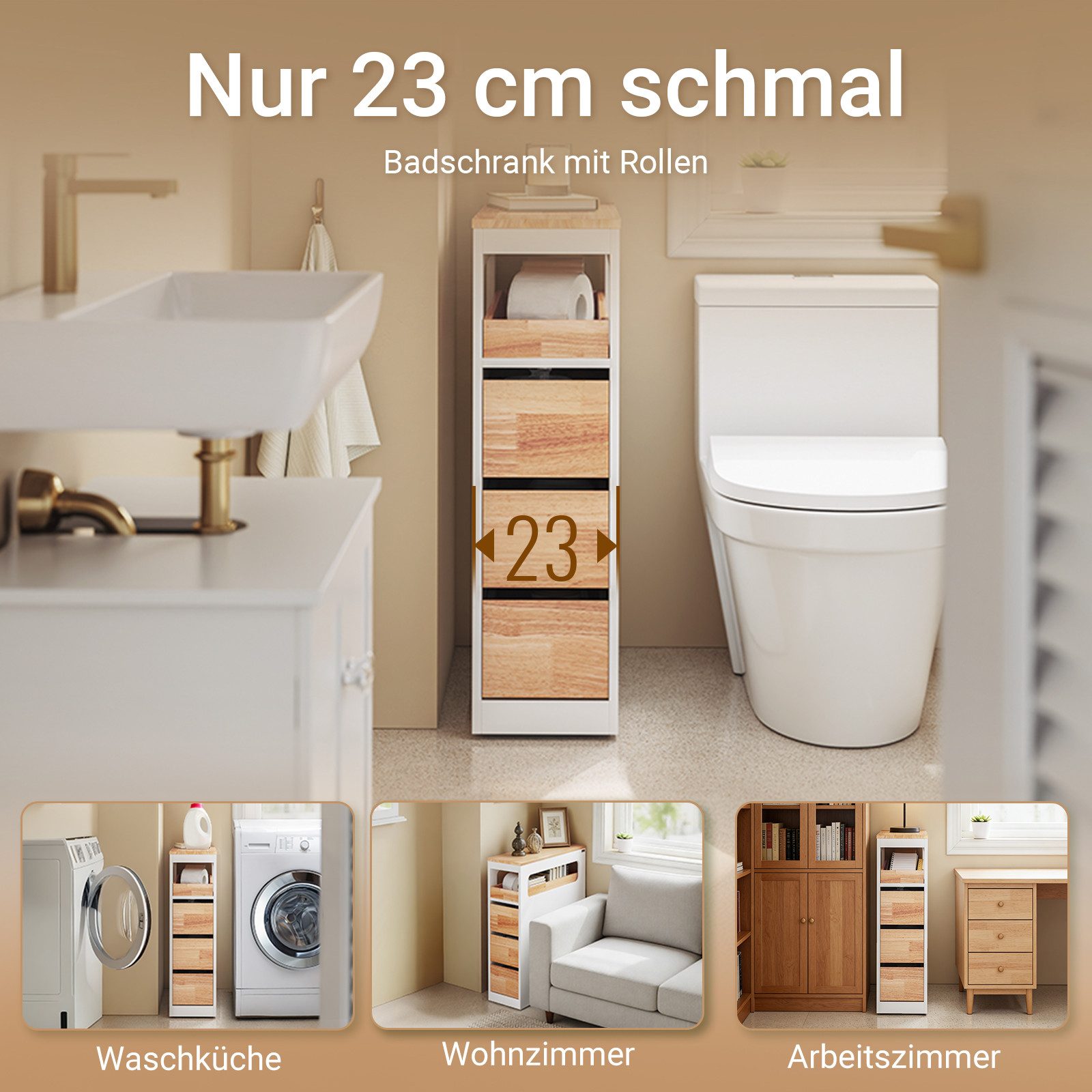 SoBuy Beistellwagen BZR54, Badezimmerschrank mit Rollen, Badschrank schmal, Kommode, Küchenwagen schmal Nischenwagen Badezimmerregal mit Rädern, ausziehbar – Bild 5 von 5
