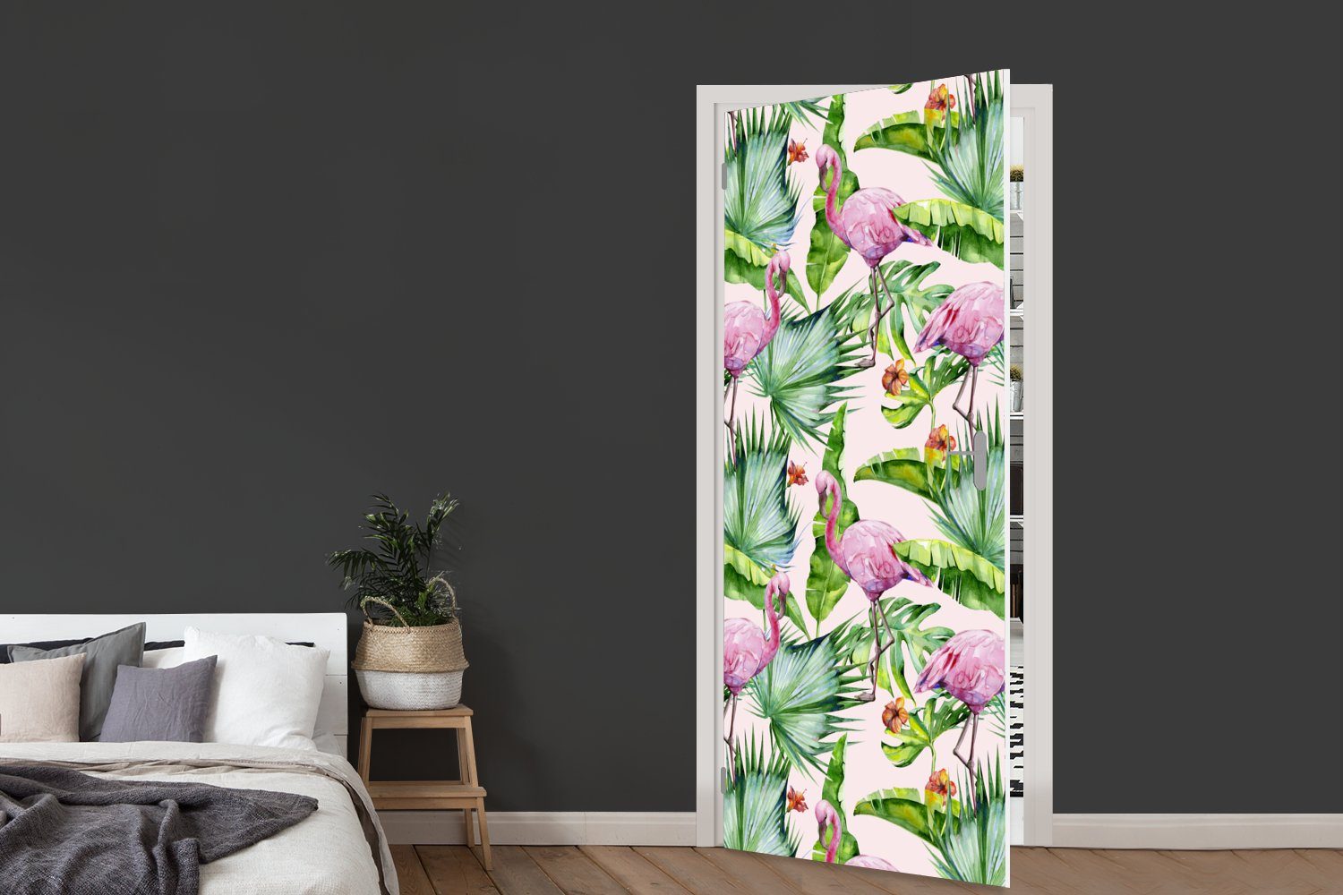 Tür, (1 Fototapete Pflanzen cm MuchoWow Muster, bedruckt, Türtapete St), Türaufkleber, Flamingo - 75x205 Matt, - für