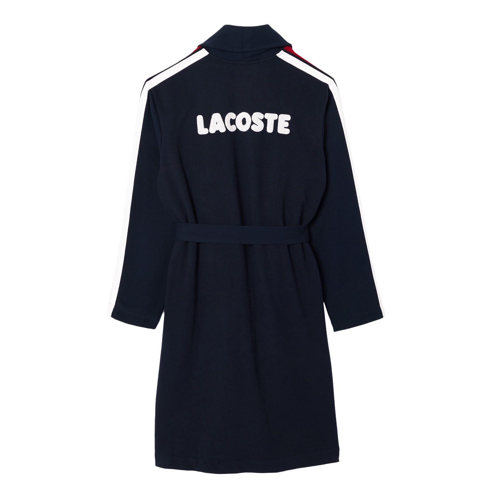 Lacoste Morgenmantel Schlafmantel mit Kontraststreifen oberschenkellang Baumwolle Bindegurtel Schalkragen Bindeverschluss mit Markenschriftzug aus Frottee auf dem Rucken
