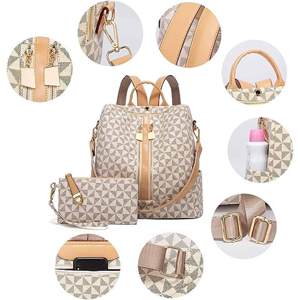 REDOM Rucksack Handtasche Freizeitrucksack Umhängetasche (32x32x14 cm Lederrucksäcke mit 20x11 cm Handtasche Kunstleder, 2-tlg., Schultertasche, Schule Rucksack, Notebook Laptop Tasche, Vintage), für Damen Freizeit Arbeit Business Reisen