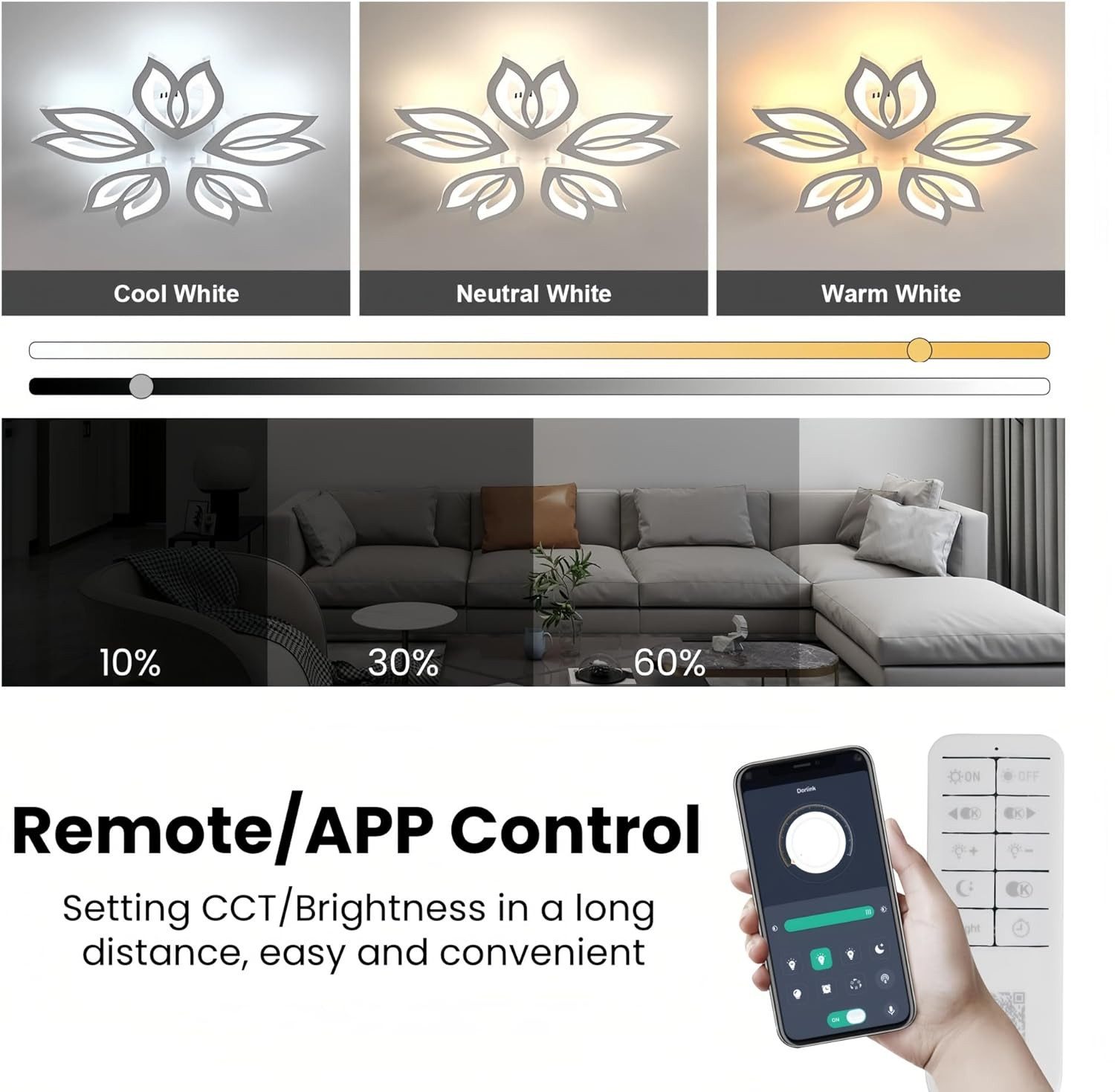 Riserva Deckenleuchten Magnolie Design LED Deckenleuchte Weiß 37W Dimmbar Fernbedienung, LED wechselbar – Bild 4 von 5