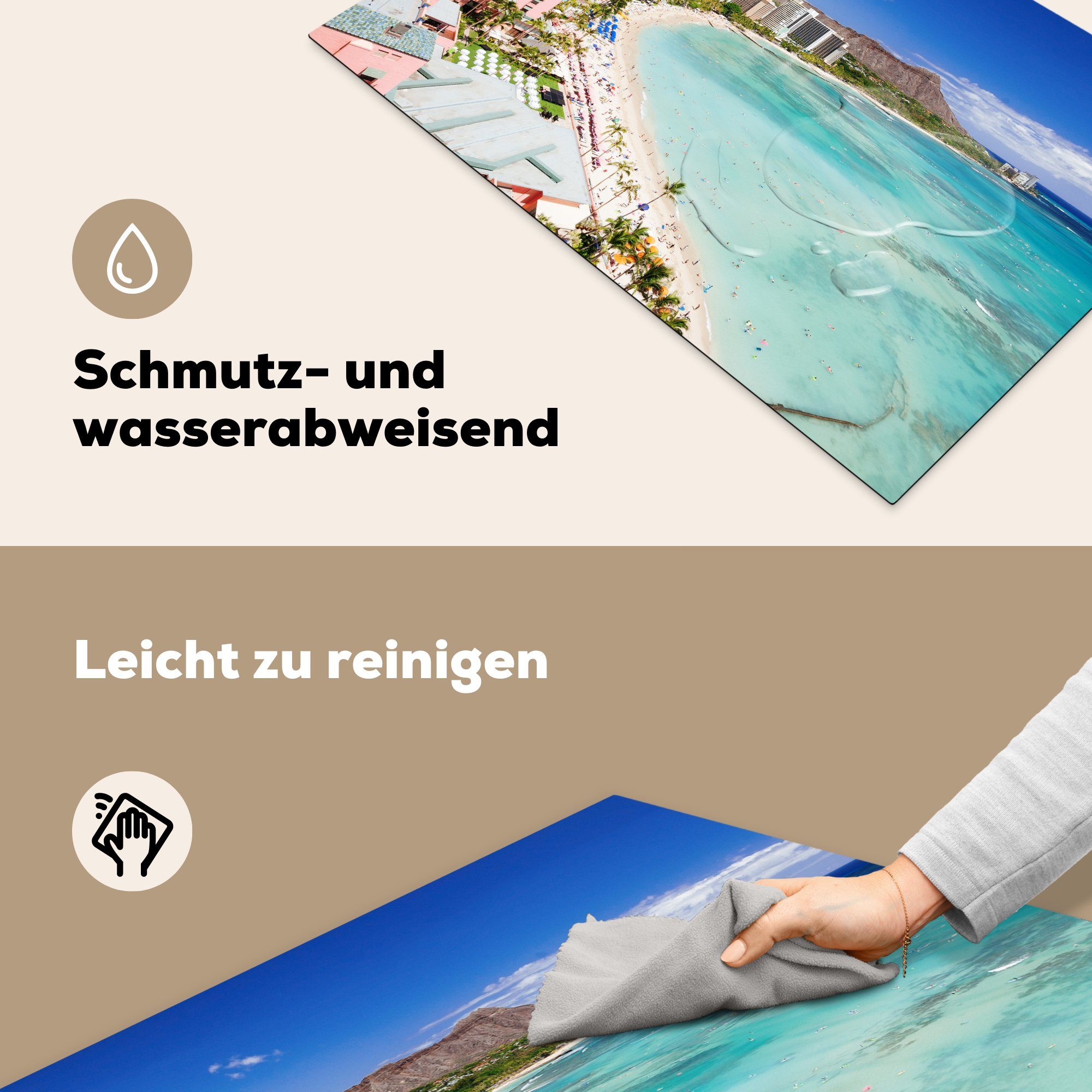 81x52 Schutz Vinyl, MuchoWow tlg), die Herdblende-/Abdeckplatte Beach der Hawaii, Küste Ceranfeldabdeckung küche, für Der (1 vor Waikiki Honolulu, von cm, Induktionskochfeld